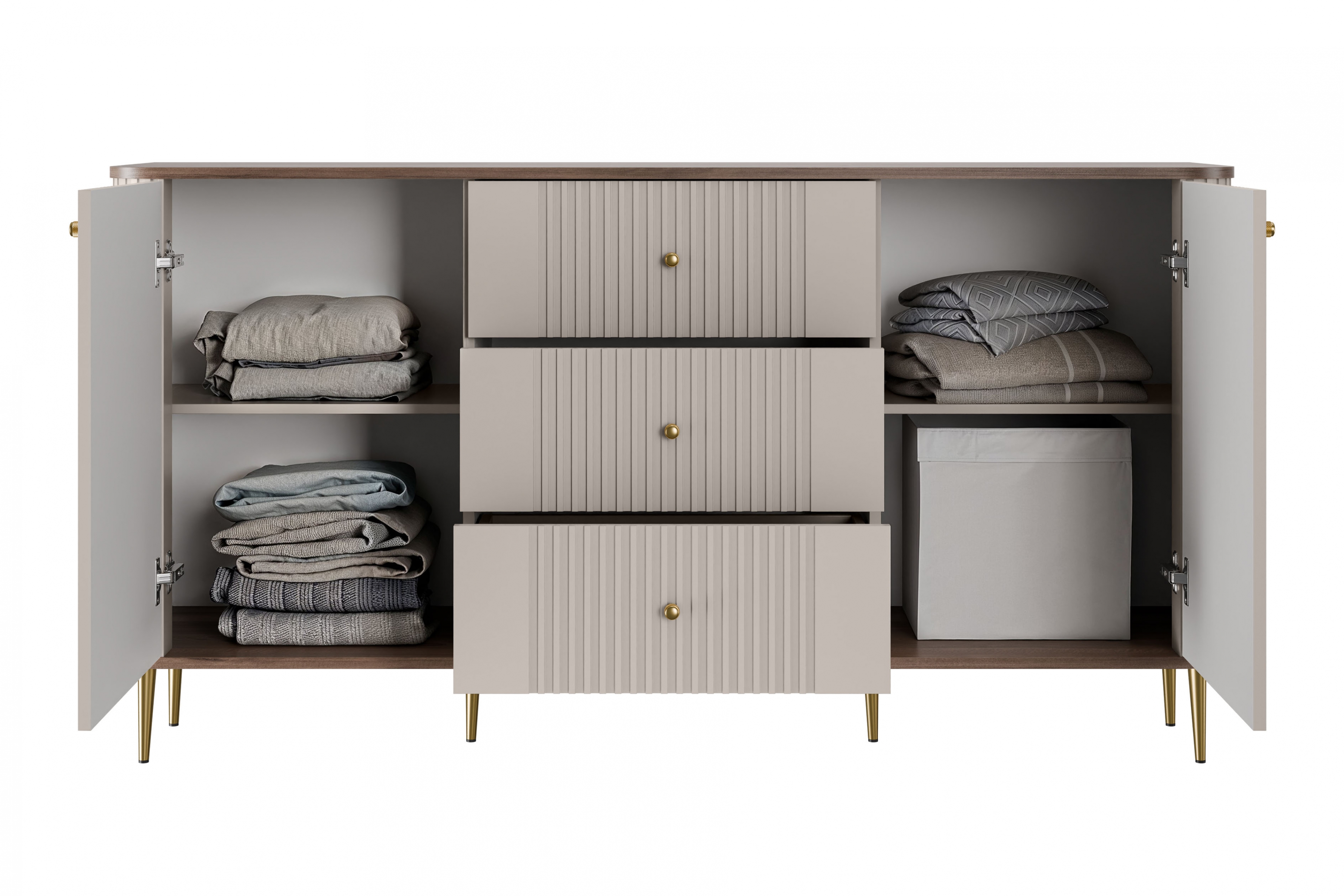 Komoda Vespera 160 cm so zásuvkami - kašmírová / orech / zlaté nožičky Komoda so zásuvkami Vesper 160 cm - kašmír / Orech / zlote nožičky