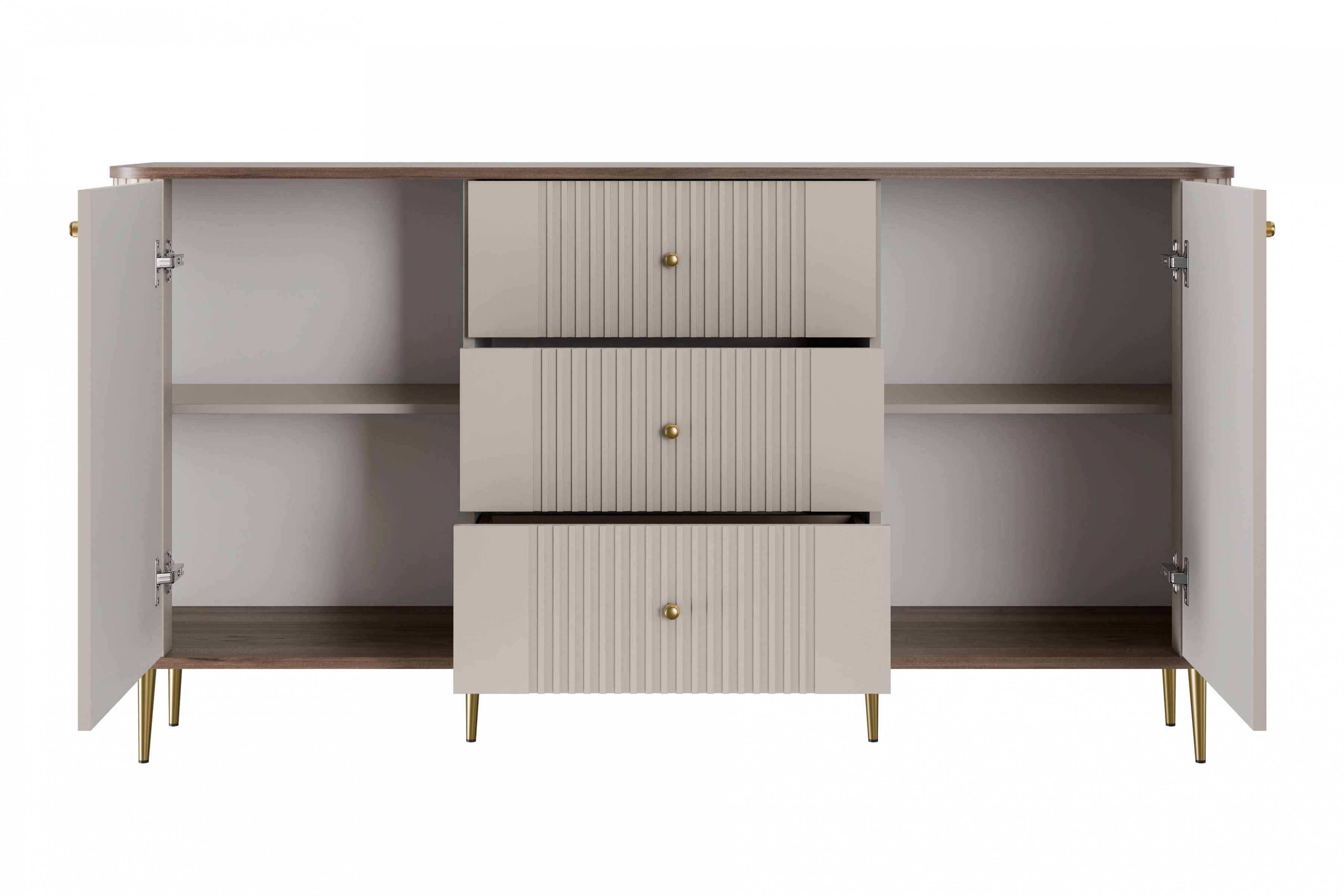 Komoda Vespera 160 cm so zásuvkami - kašmírová / orech / zlaté nožičky Komoda so zásuvkami Vesper 160 cm - kašmír / Orech / zlote nožičky