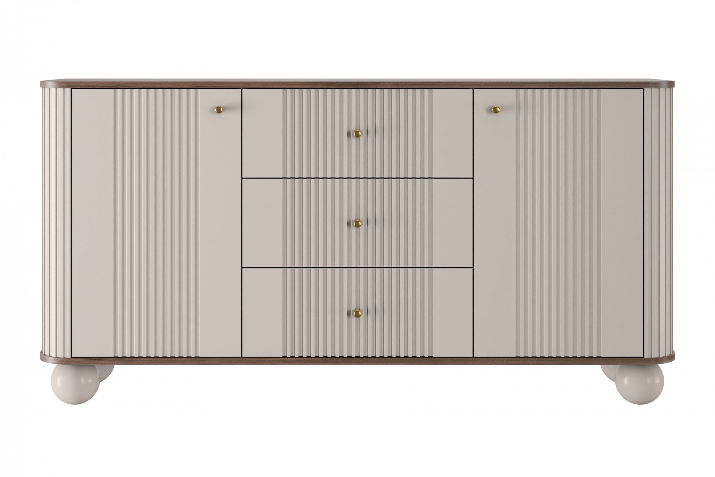 Komoda Vespera 160 cm so zásuvkami - kašmírová / orech / zlatá / kašmírové nohy Komoda so zásuvkami Vesper 160 cm - kašmír / Orech / zlote úchyty / nožičky kule