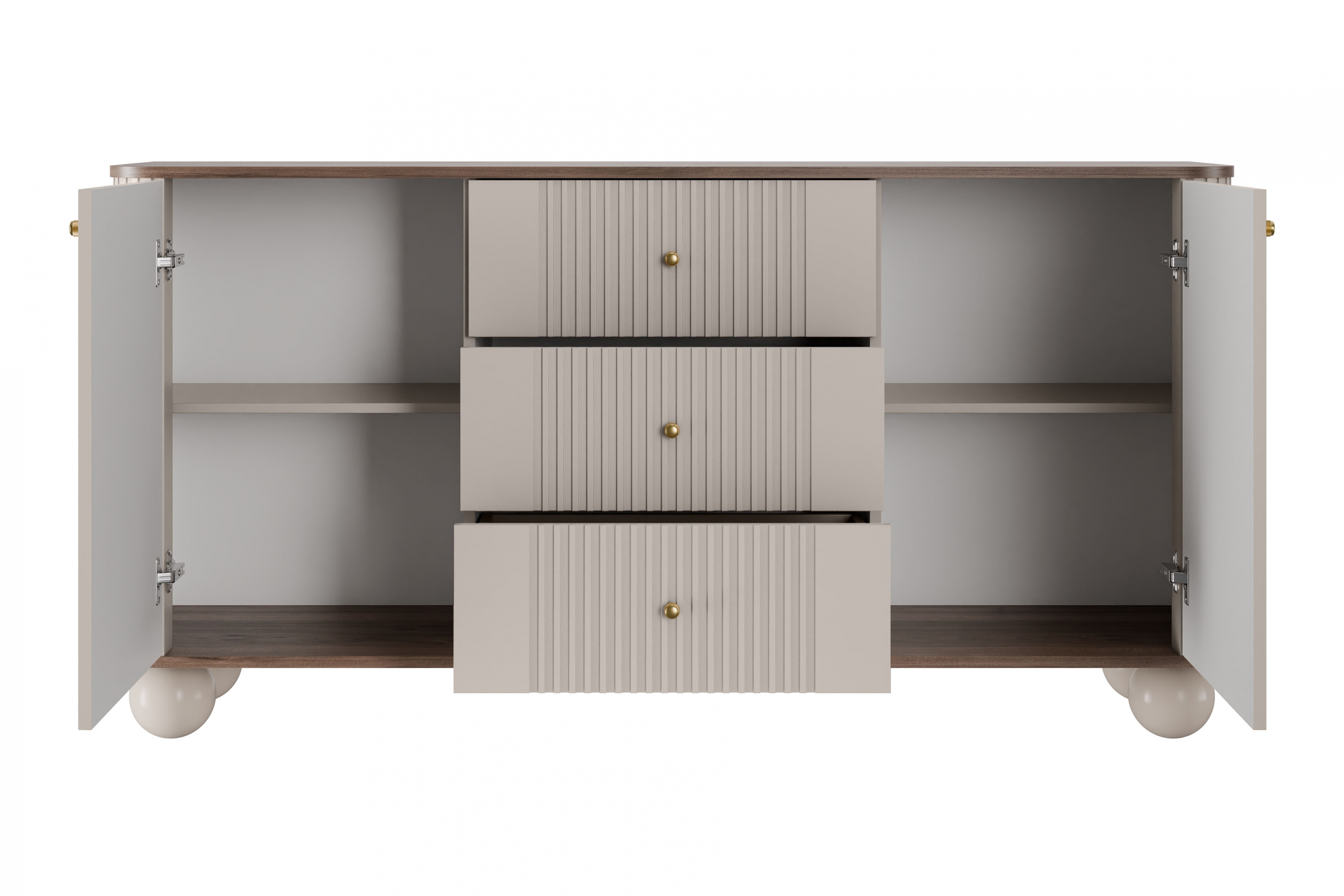 Komoda Vespera 160 cm so zásuvkami - kašmírová / orech / zlatá / kašmírové nohy Komoda so zásuvkami Vesper 160 cm - kašmír / Orech / zlote úchyty / nožičky kule