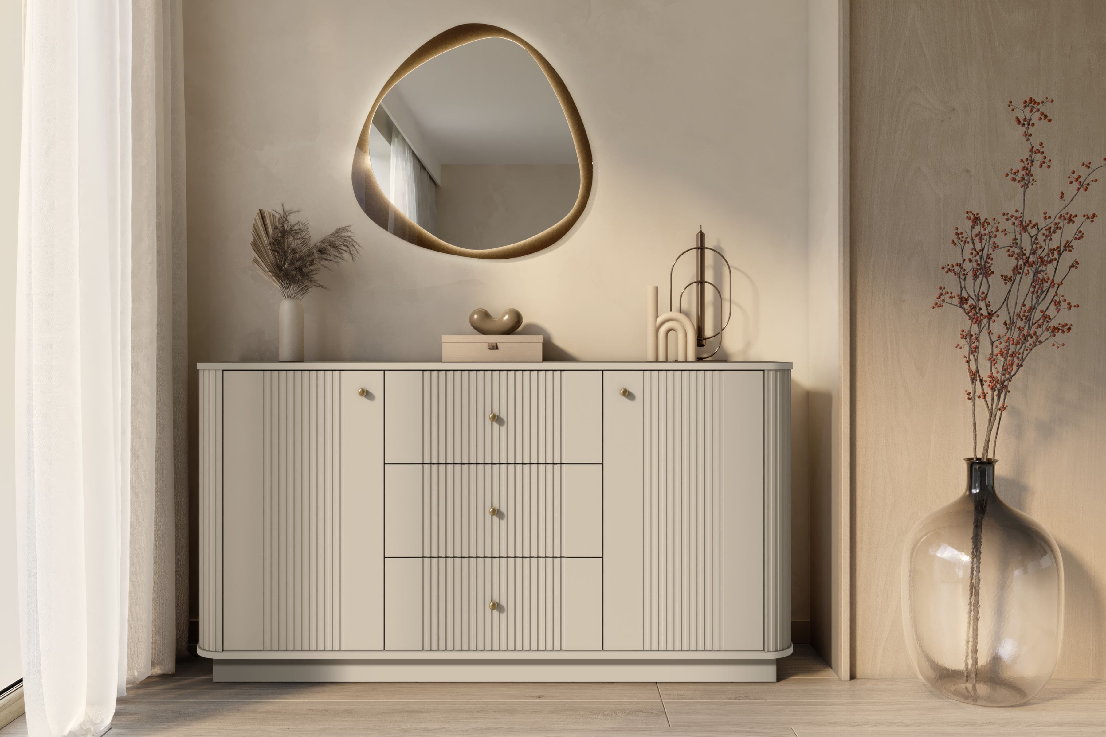 Komoda Vesper 160 cm se zásuvkami - kašmírová / zlaté úchytky Komoda se zásuvkami Vesper 160 cm - kašmír / zlote Úchytky