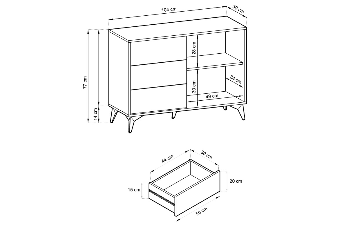 Komoda s tromi zásuvkami Sewana - Dub evoke / Čierny Rozmery nábytku 