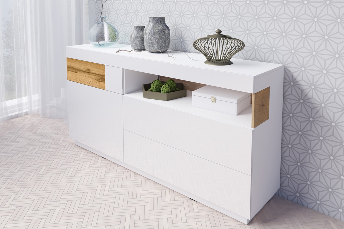 Komoda Silke 47 se zásuvkami a výklenkem - bílý lesk / dub wotan Bílá Komoda v lesku