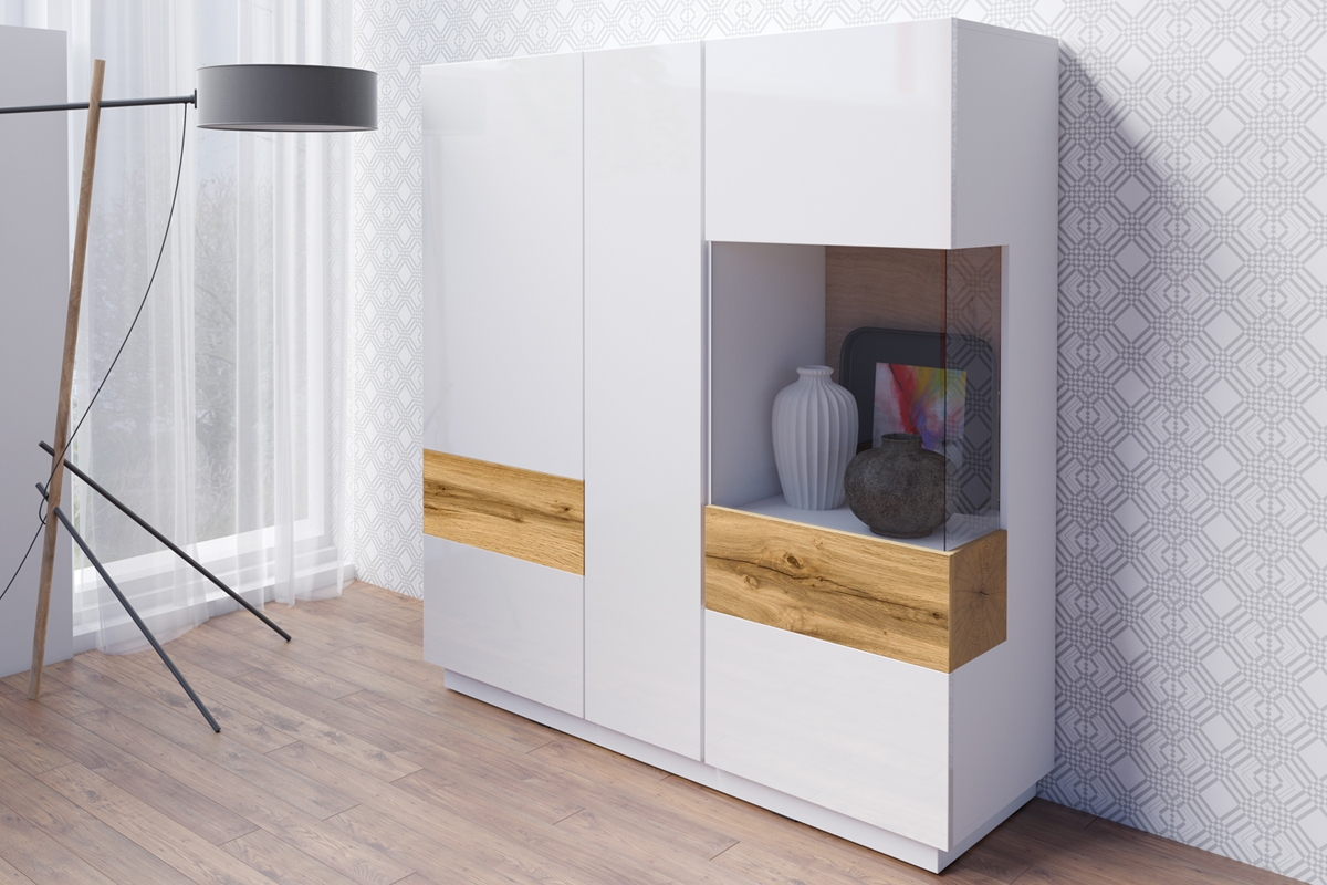 Třídveřová vitrína Silke 46 - bílý lesk / dub wotan Komoda v lesku