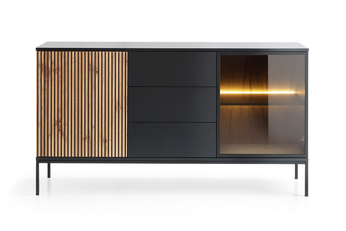 Komoda Bogalo s LED osvetlením 154 cm - čierna / dub wotan Komoda so zásuvkami i oswietleniem LED Bogalo - Čierny / Dub wotan - Predná časť