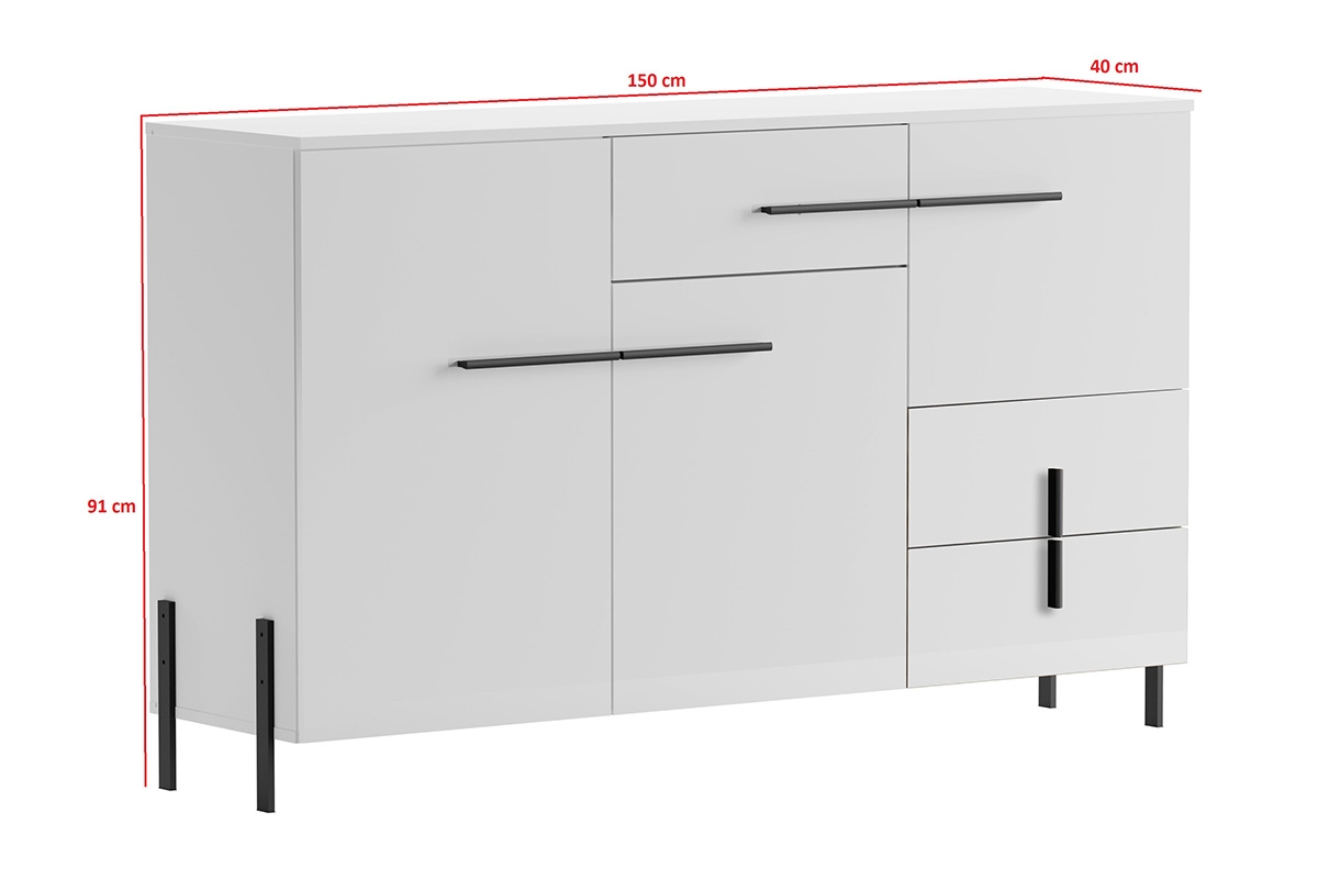 Komoda Nalor na kovovém podstavci se zásuvkami - bílý lesk / černá bialakomoda na czarnych nozkach