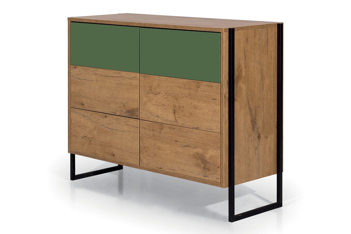 Komoda z šiestimi zásuvkami Color Loft - Dub Lefkas / zelená fľaškovo Komoda so zásuvkami