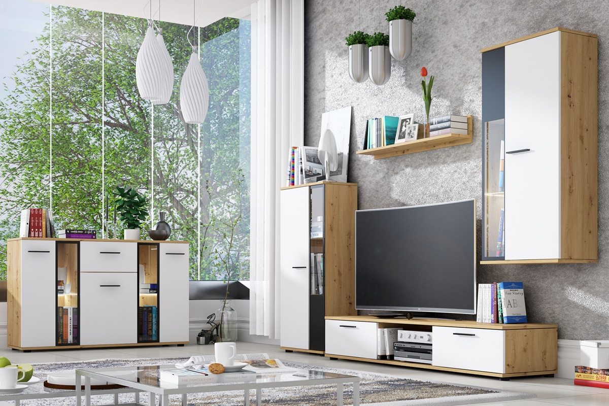Sada nábytku Kaja - bílý mat / dub artisan Elegantní obývací stěna vybavená praktickými policemi