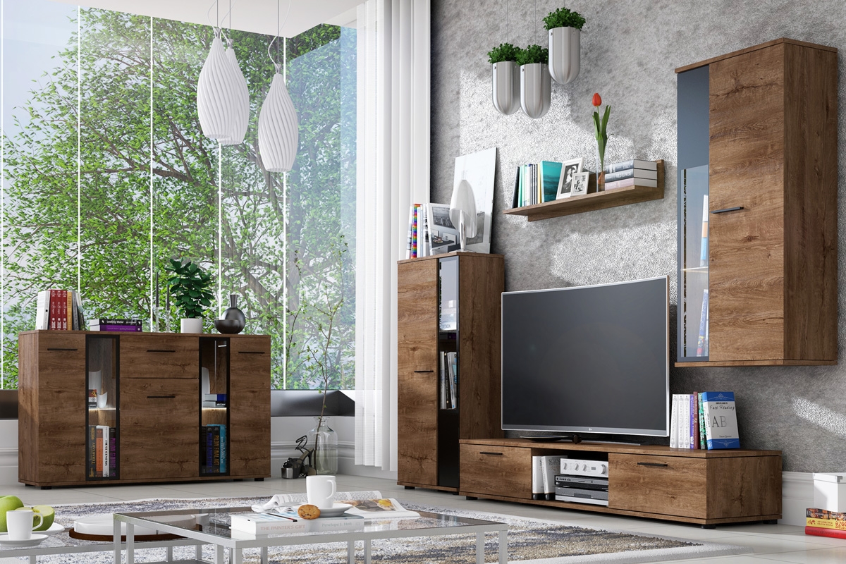 Sada nábytku Kaja - dub lefkas Elegantní obývací stěna vybavená praktickými policemi