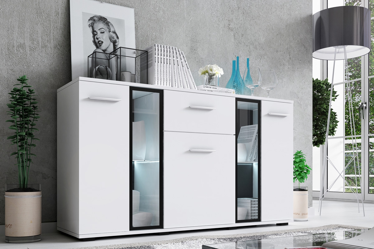 Sestava nábytku do obývacího pokoje Kaja - bílá mat Komoda třídveřová se zásuvkou Kaja