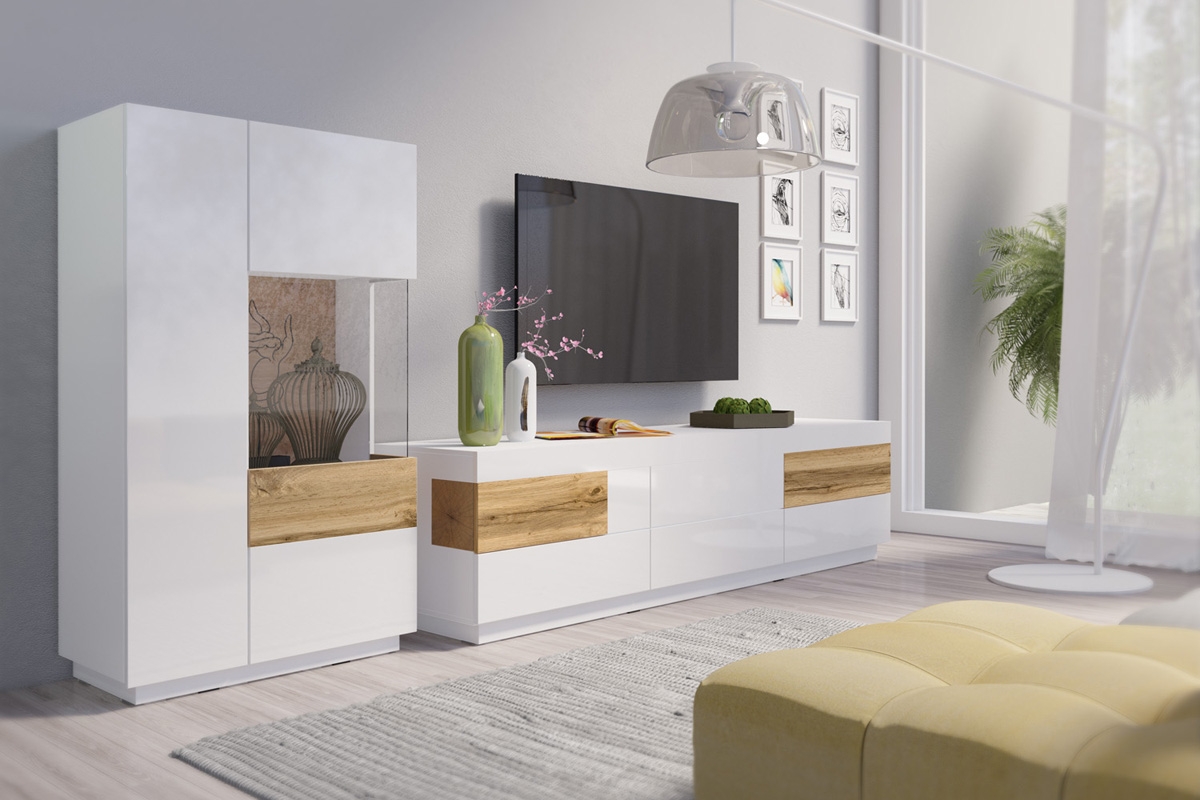 Obývací stěna Silke I - bílý lesk / dub wotan Bílý Komplet nábytku 