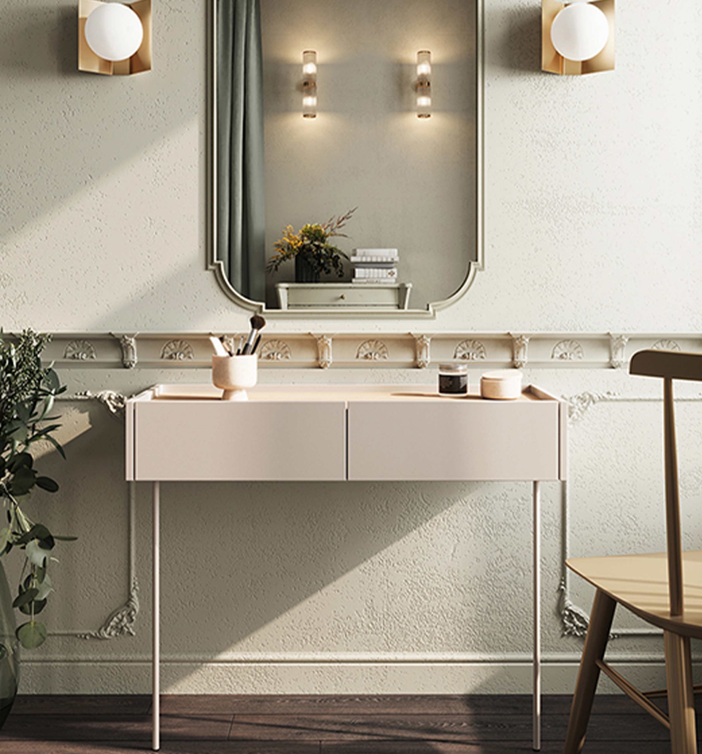 Desin konzola / toaletný stolík 100 cm so zásuvkami a kovovými nohami - kašmír / dub nagano Konzolový Stolík / Toaletný stolík Desin 100 cm so zásuvkami i metalowymi nogami - kašmír / Dub nagano