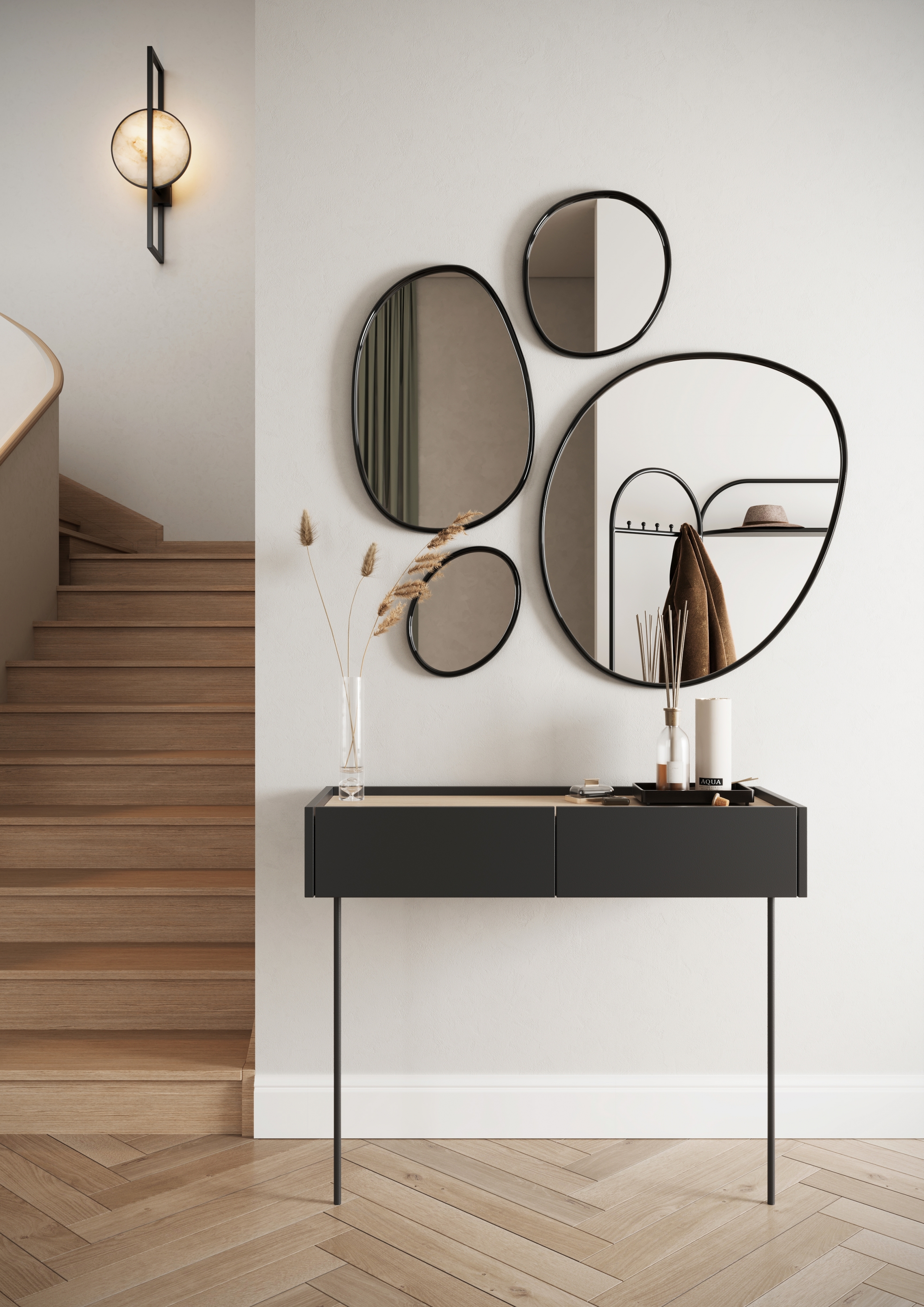 Toaletní stolek Desin 100 cm - černý mat / dub nagano konzole / Toaletní stolek Desin se zásuvkami i metalowymi nogami 100 cm - černá mat / dub nagano