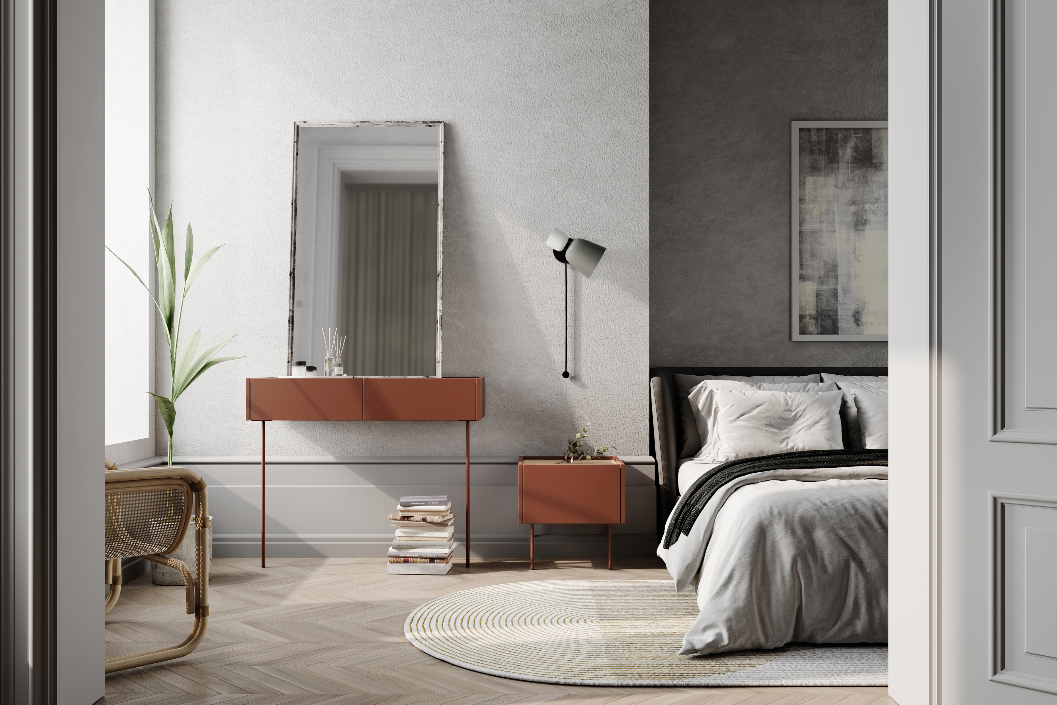 Toaletný stolík Desin so zásuvkami 100 cm - keramická červená / dub nagano Konzolový stolík / Toaletný Stolík Desin so zásuvkami i metalowymi nogami 100 cm - Červený / ceramic red / Dub nagano