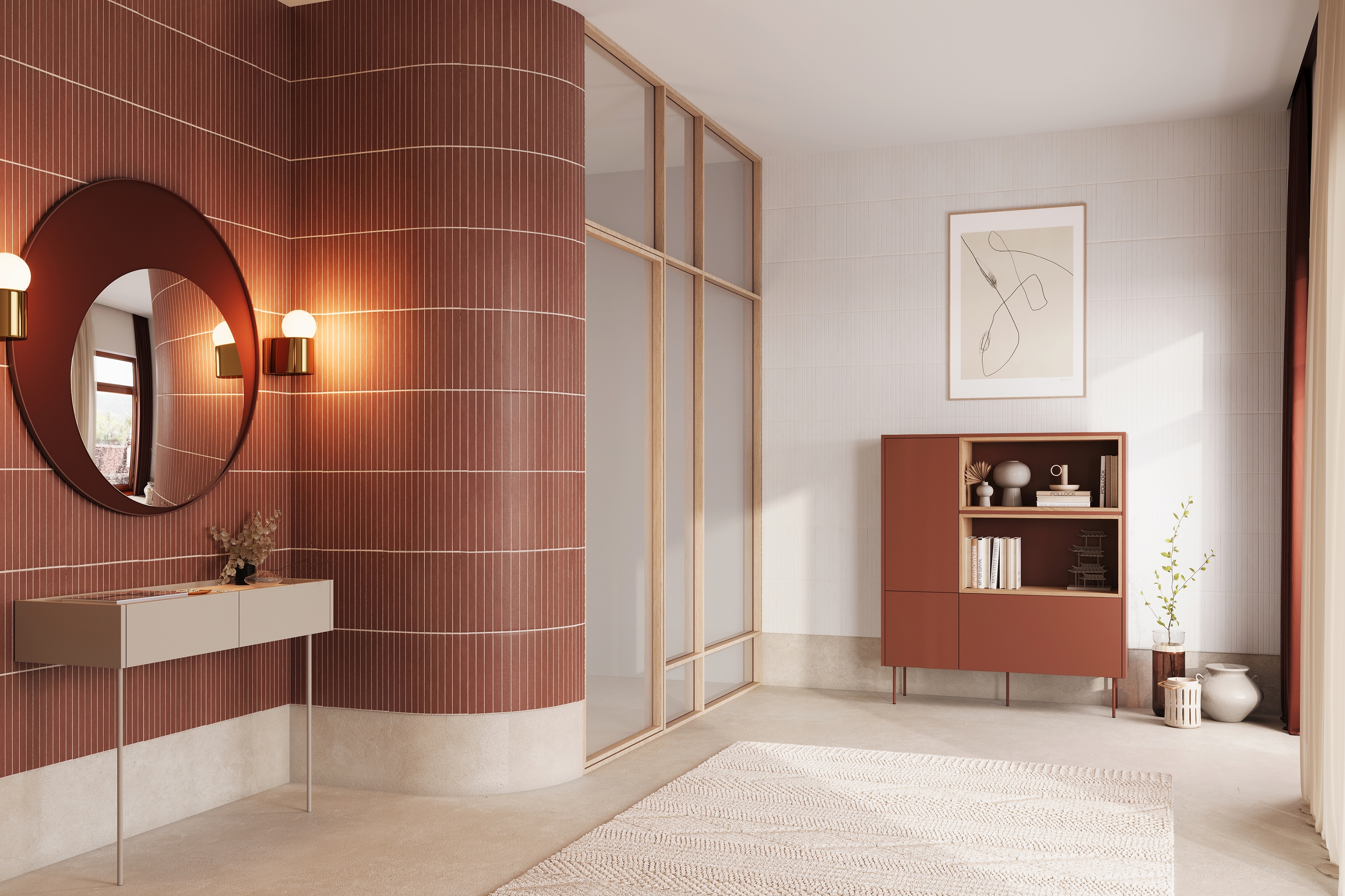 Desin konzola / toaletný stolík 100 cm so zásuvkami a kovovými nohami - kašmír / dub nagano Konzolový stolík / Toaletný Stolík Desin so zásuvkami i metalowymi nogami 100 cm - kašmír / Dub nagano