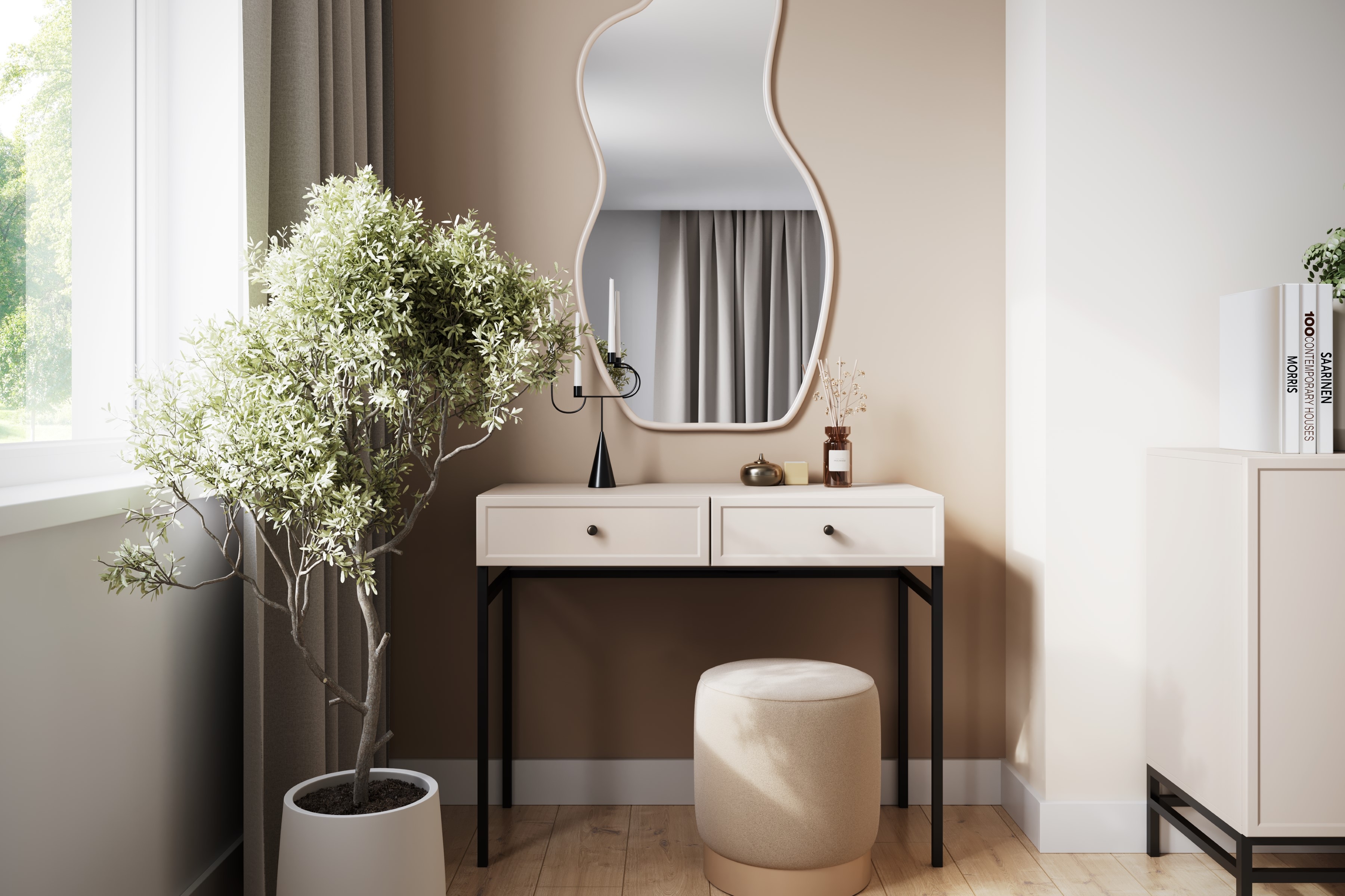 Konzolový / toaletní stolek Lorini 100 cm - kašmírová / černé úchytky konzole / Toaletní stolek Lorini 100 cm se zásuvkami - kašmír / černá Úchytky / Rošt