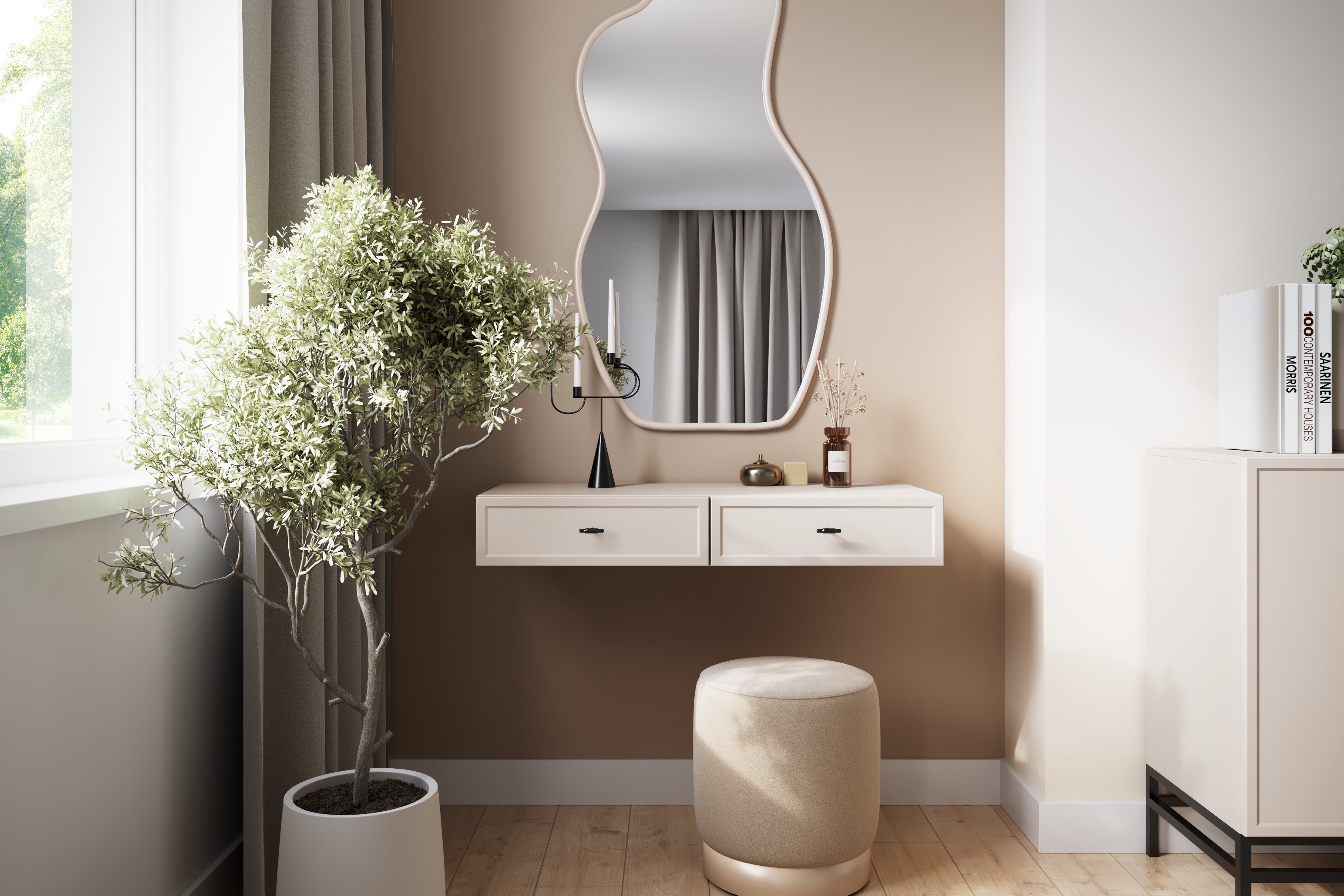 Závěsný konzolový / toaletní stolek Lorini 100 cm - kašmírová / černé úchytky T-bar konzole / Toaletní stolek závěsná Lorini 100 cm se zásuvkami - kašmír / černá Úchytky T-bar