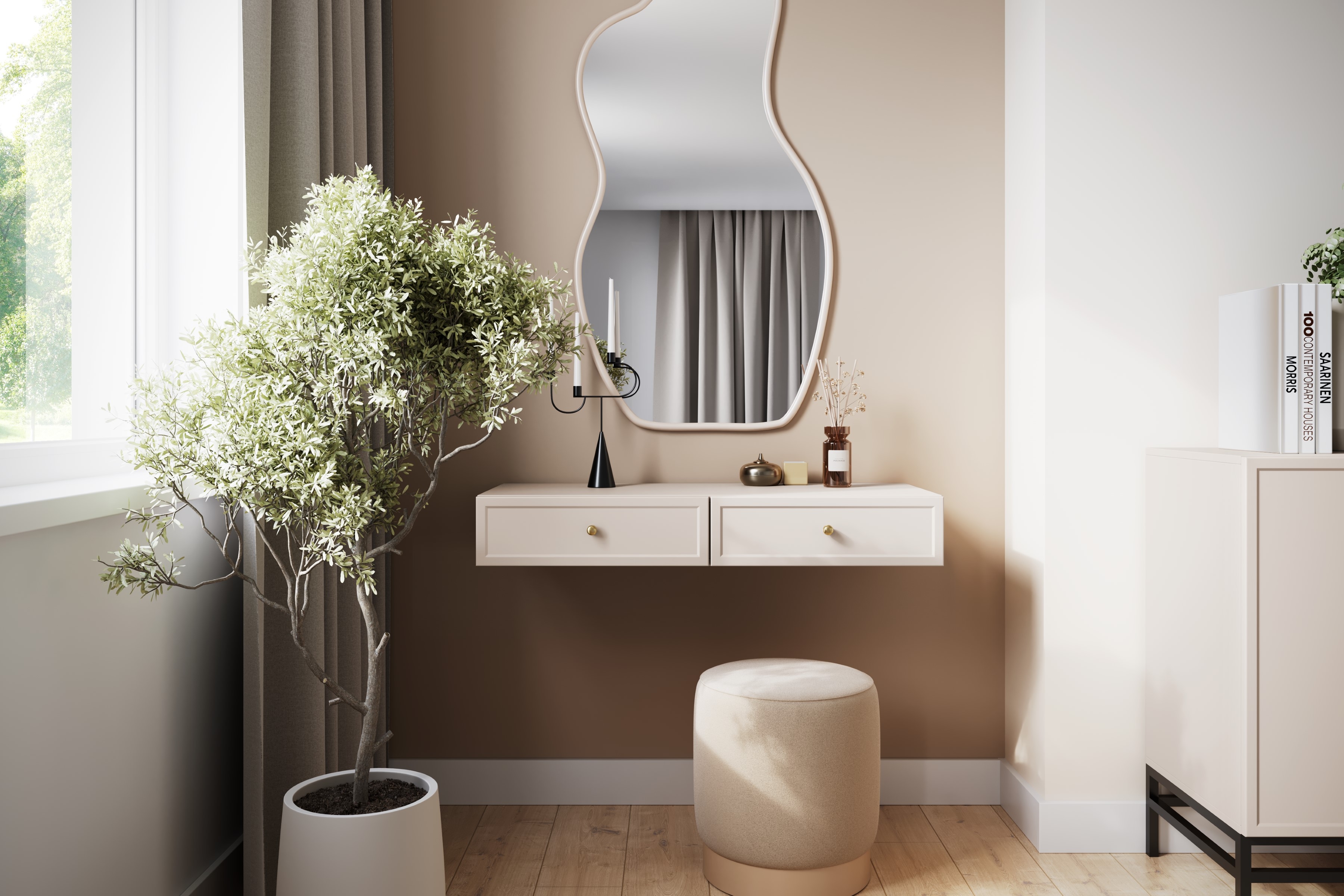 Závěsný konzolový / toaletní stolek Lorini 100 cm - kašmírová / zlaté úchytky konzole / Toaletní stolek závěsná Lorini 100 cm se zásuvkami - kašmír / zlote Úchytky