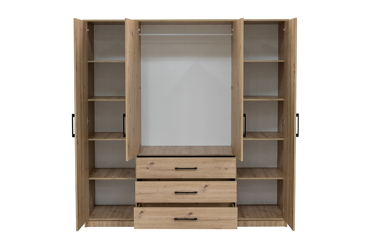 Čtyřdveřová šatní skříň Kos D4 196 cm se 3 zásuvkami a zrcadlem - dub artisan Skříň čtyřdveřová se třemi  zásuvkami i zrcadlem Kos D4 196 cm - Dub artisan - wnetrze 