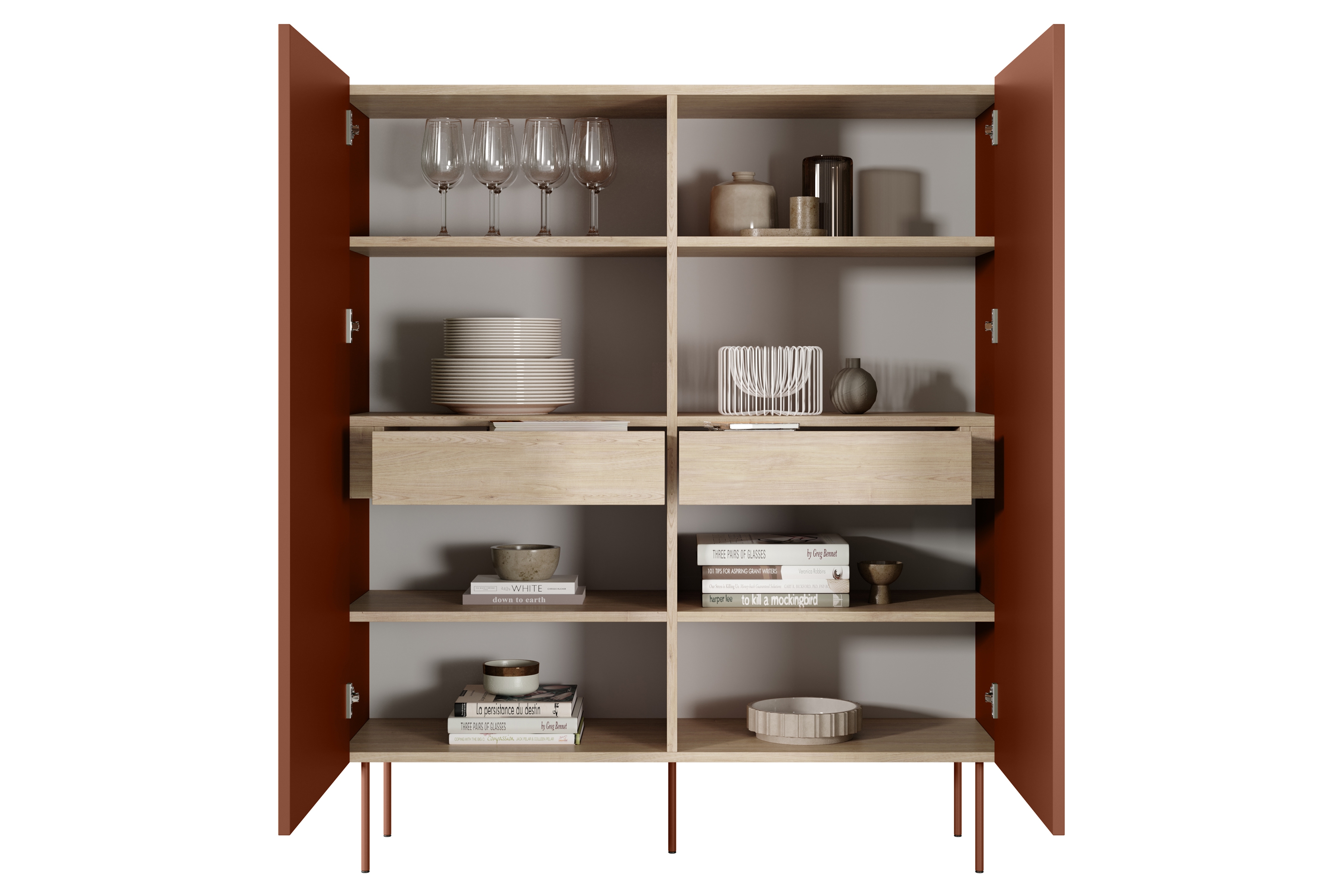 Vysoká komoda Desin 120 cm se skrytými zásuvkami - ceramic red / dub nagano Kredenc Desin z ukrytymi zásuvkami i metalowymi nogami 120 cm - ceramic red / dub nagano