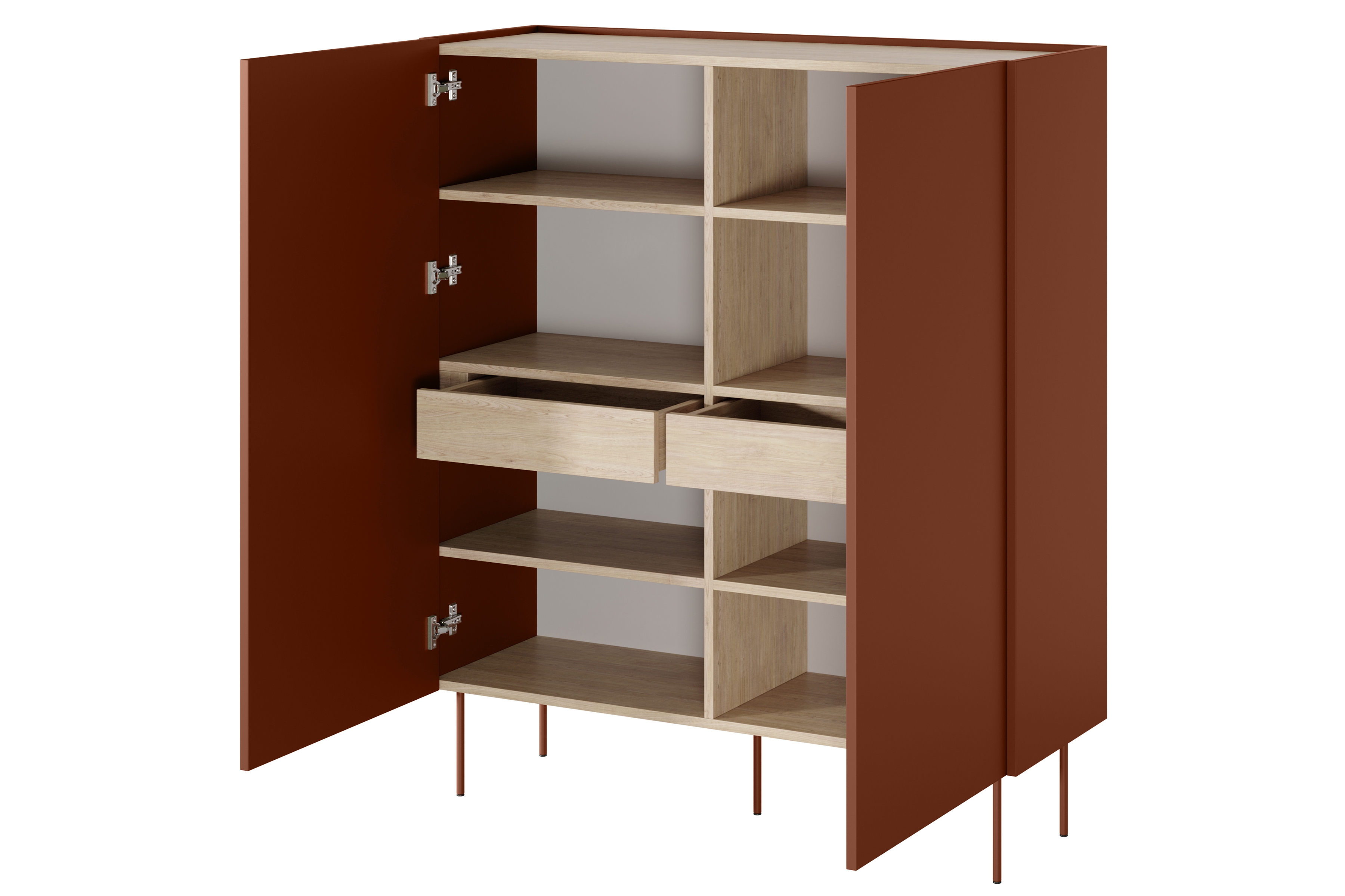 Vysoká komoda Desin 120 cm se skrytými zásuvkami - ceramic red / dub nagano Kredenc Desin z ukrytymi zásuvkami i metalowymi nogami 120 cm - ceramic red / dub nagano