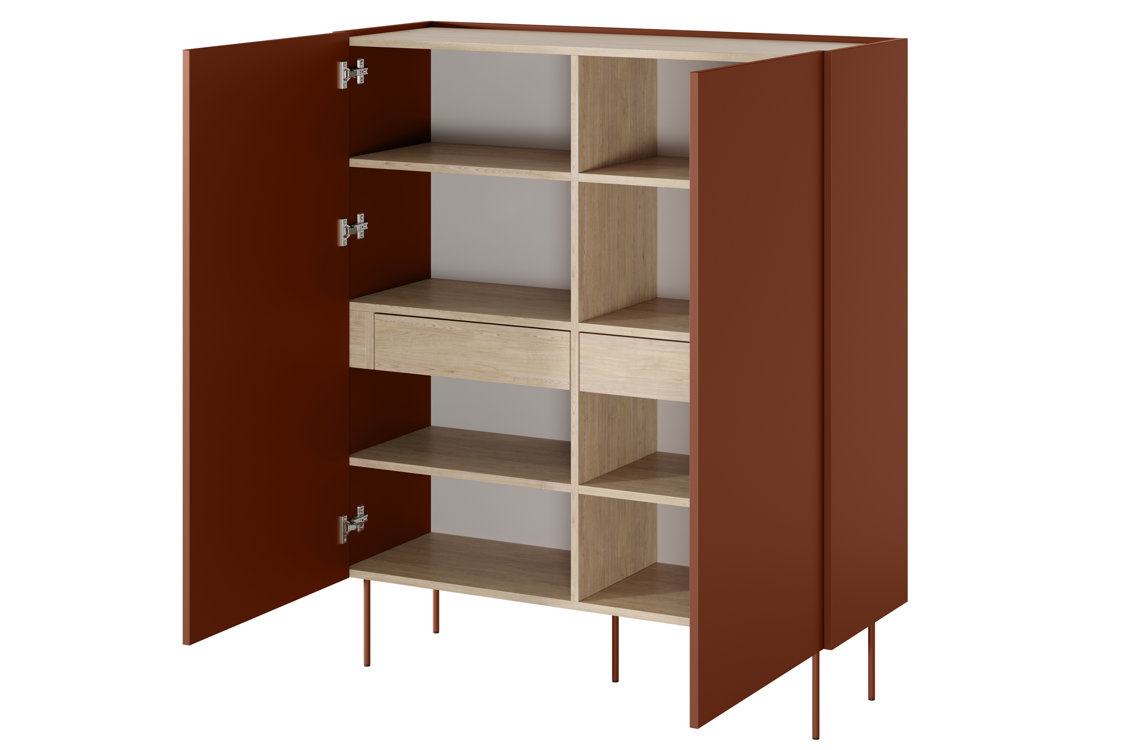 Vysoká komoda Desin 120 cm se skrytými zásuvkami - ceramic red / dub nagano Kredenc Desin z ukrytymi zásuvkami i metalowymi nogami 120 cm - ceramic red / dub nagano