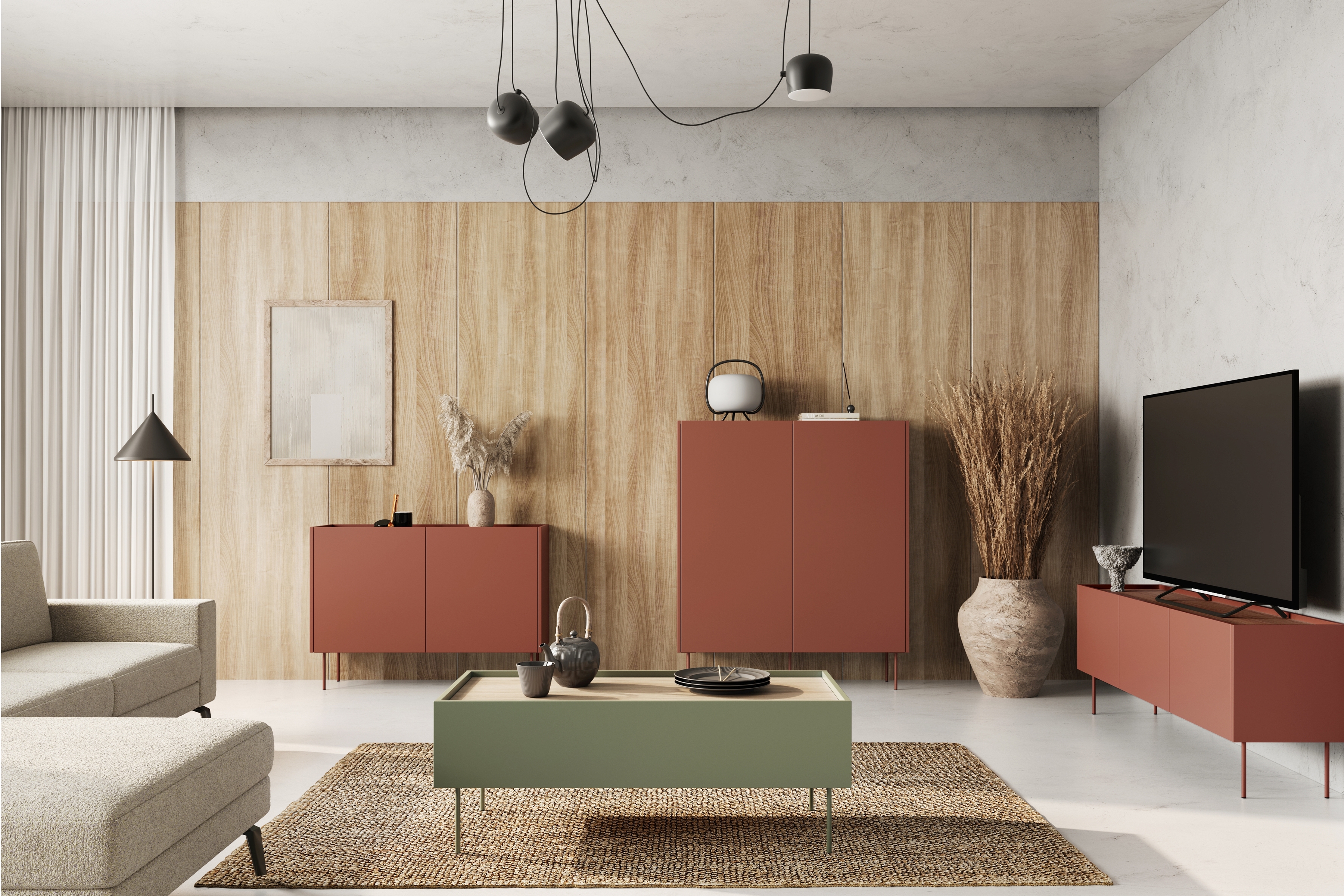 Vysoká komoda Desin 120 cm se skrytými zásuvkami - ceramic red / dub nagano Kredenc Desin z ukrytymi zásuvkami i metalowymi nogami 120 cm - ceramic red / dub nagano