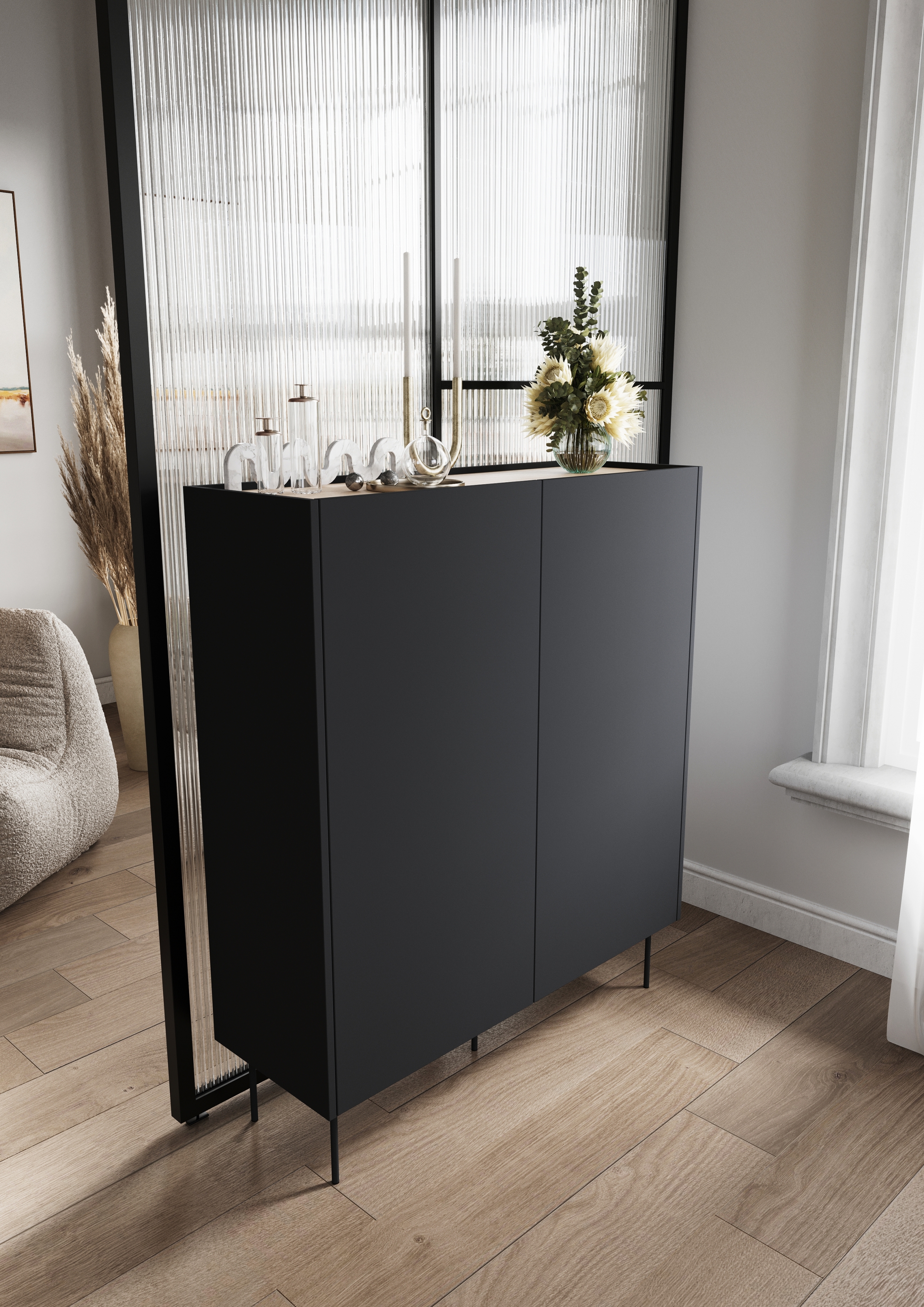 Vysoká komoda Desin 120 cm se skrytými zásuvkami - černý mat / dub nagano / kovové nožky Kredenc Desin z ukrytymi zásuvkami i metalowymi nogami 120 cm - černá mat / dub nagano