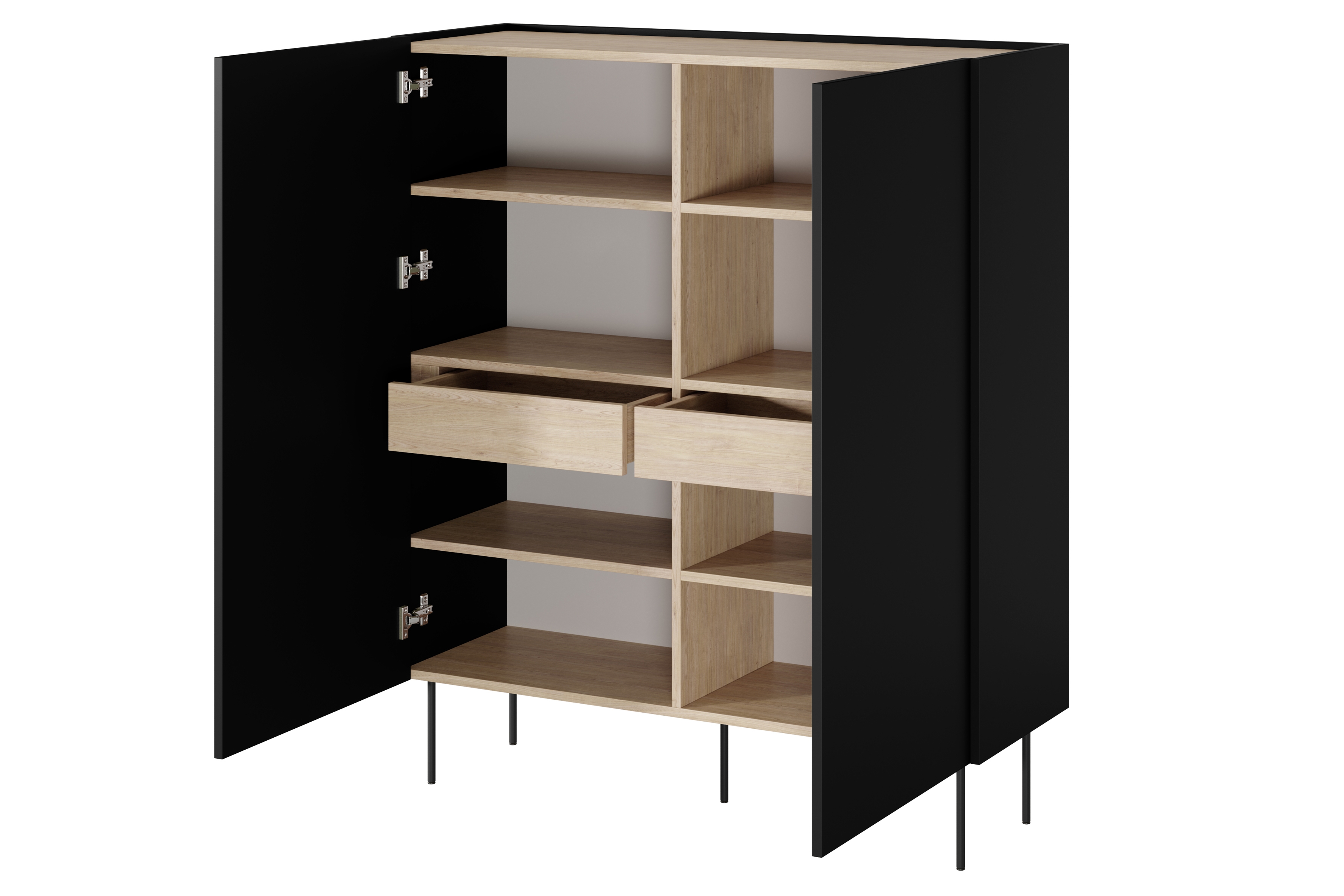 Vysoká komoda Desin 120 cm se skrytými zásuvkami - černý mat / dub nagano / kovové nožky Kredenc Desin z ukrytymi zásuvkami i metalowymi nogami 120 cm - černá mat / dub nagano