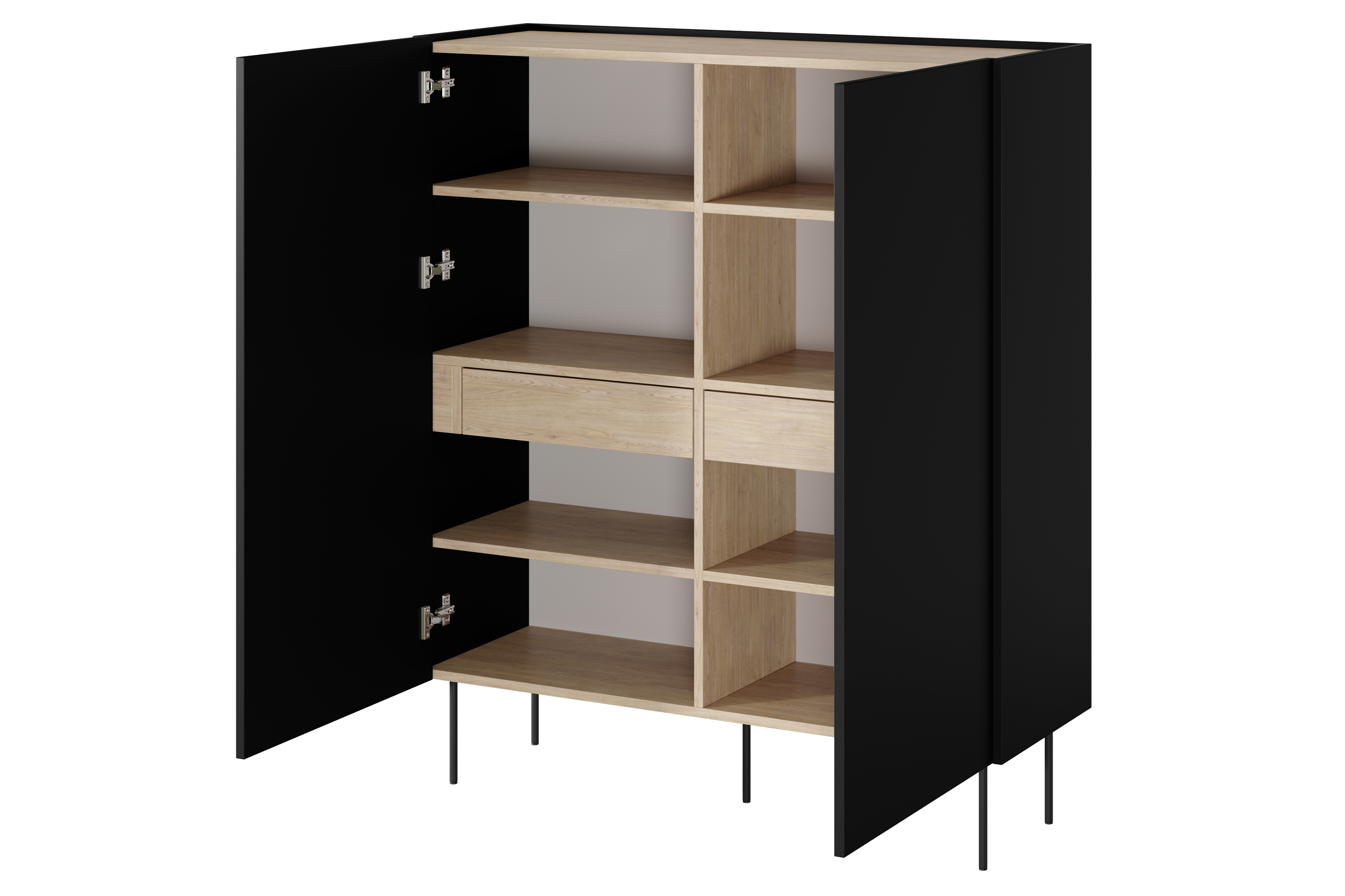 Vysoká komoda Desin 120 cm se skrytými zásuvkami - černý mat / dub nagano / kovové nožky Kredenc Desin z ukrytymi zásuvkami i metalowymi nogami 120 cm - černá mat / dub nagano