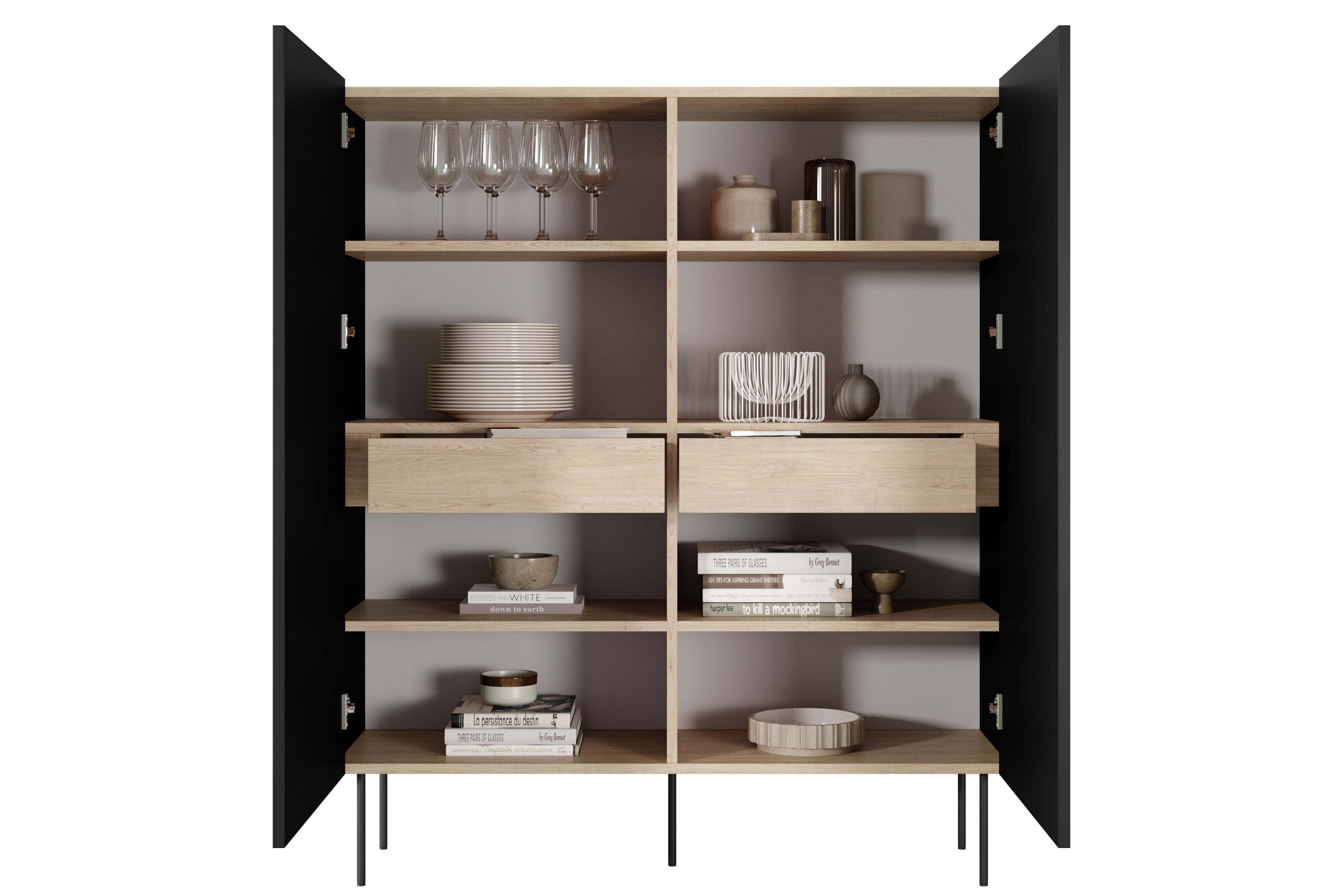 Vysoká komoda Desin 120 cm se skrytými zásuvkami - černý mat / dub nagano / kovové nožky Kredenc Desin z ukrytymi zásuvkami i metalowymi nogami 120 cm - černá mat / dub nagano