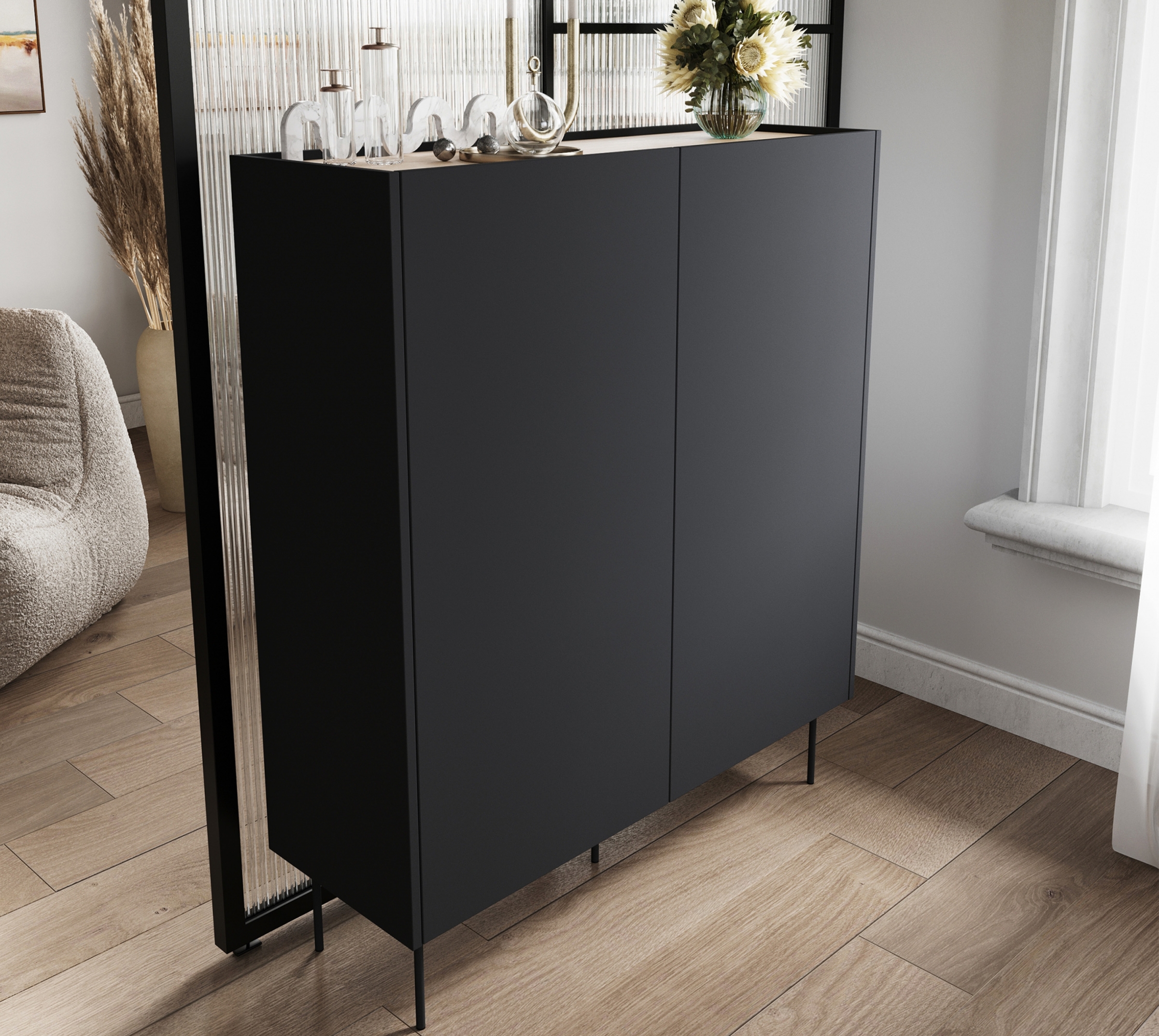 Vysoká komoda Desin 120 cm se skrytými zásuvkami - černý mat / dub nagano / kovové nožky Kredenc Desin z ukrytymi zásuvkami i metalowymi nogami 120 cm - černá mat / dub nagano