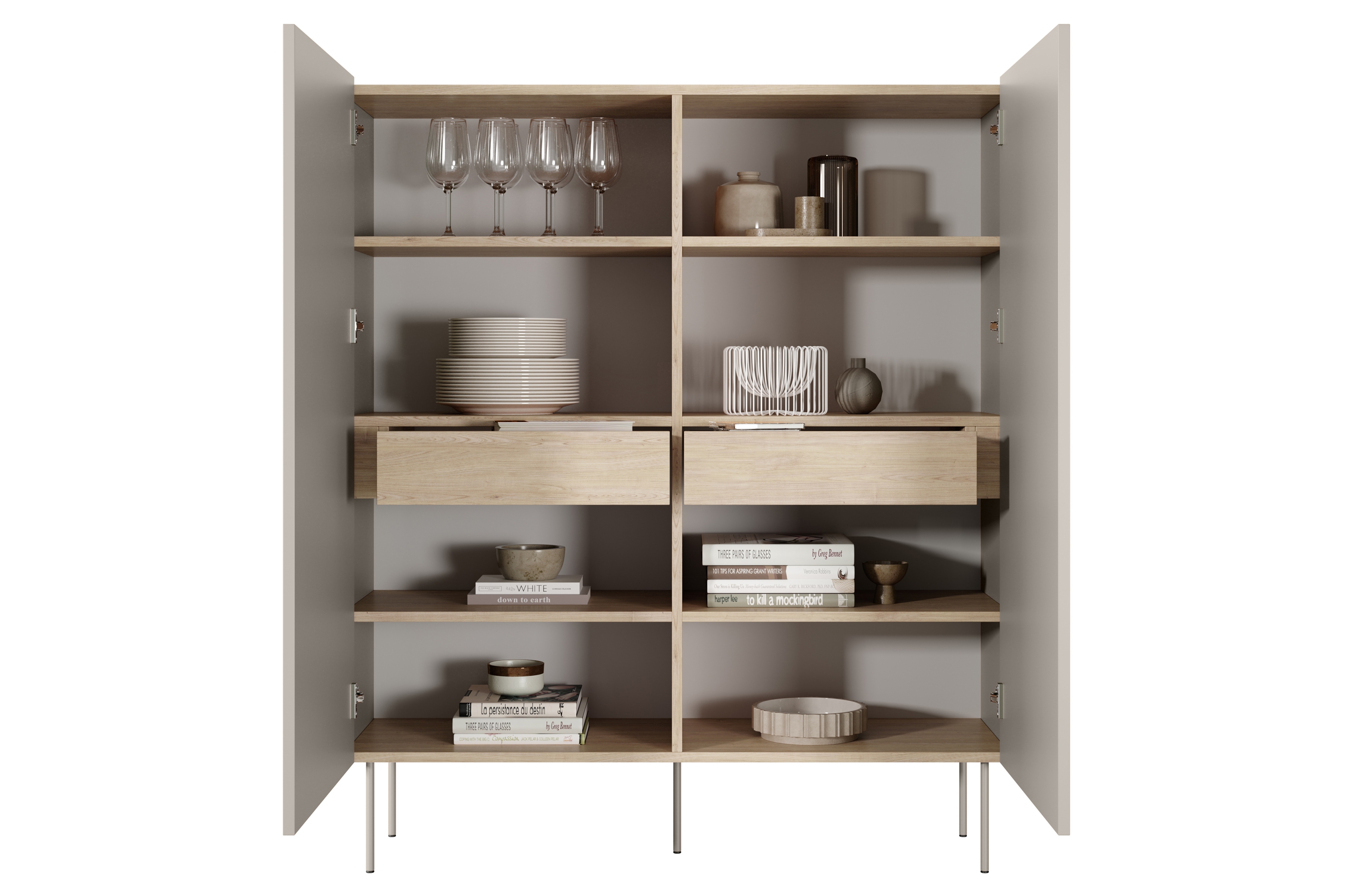 Vysoká komoda Desin 120 cm se skrytými zásuvkami - kašmír / dub nagano Kredenc Desin z ukrytymi zásuvkami i metalowymi nogami 120 cm - kašmír / dub nagano