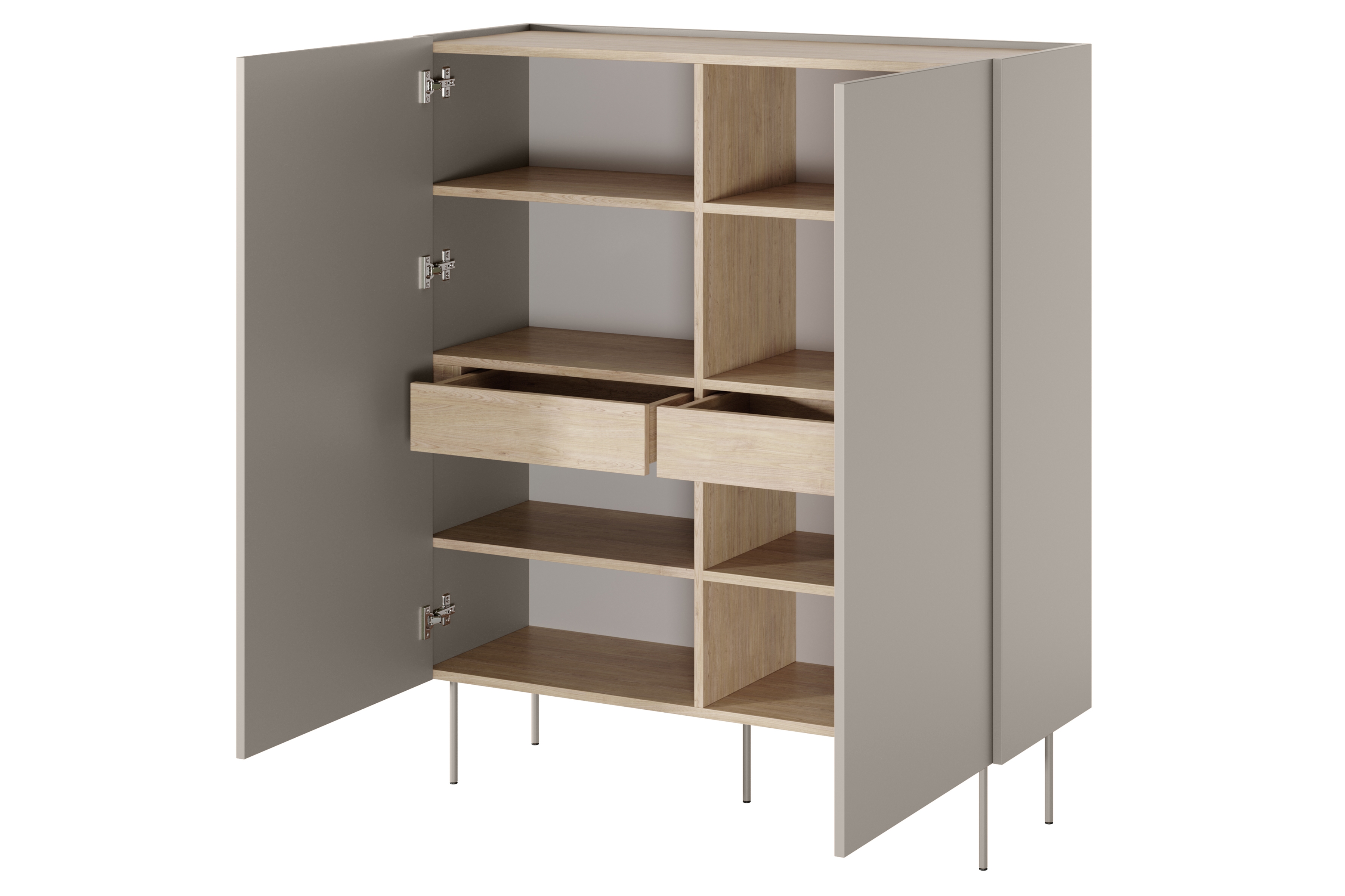 Vysoká komoda Desin 120 cm se skrytými zásuvkami - kašmír / dub nagano Kredenc Desin z ukrytymi zásuvkami i metalowymi nogami 120 cm - kašmír / dub nagano