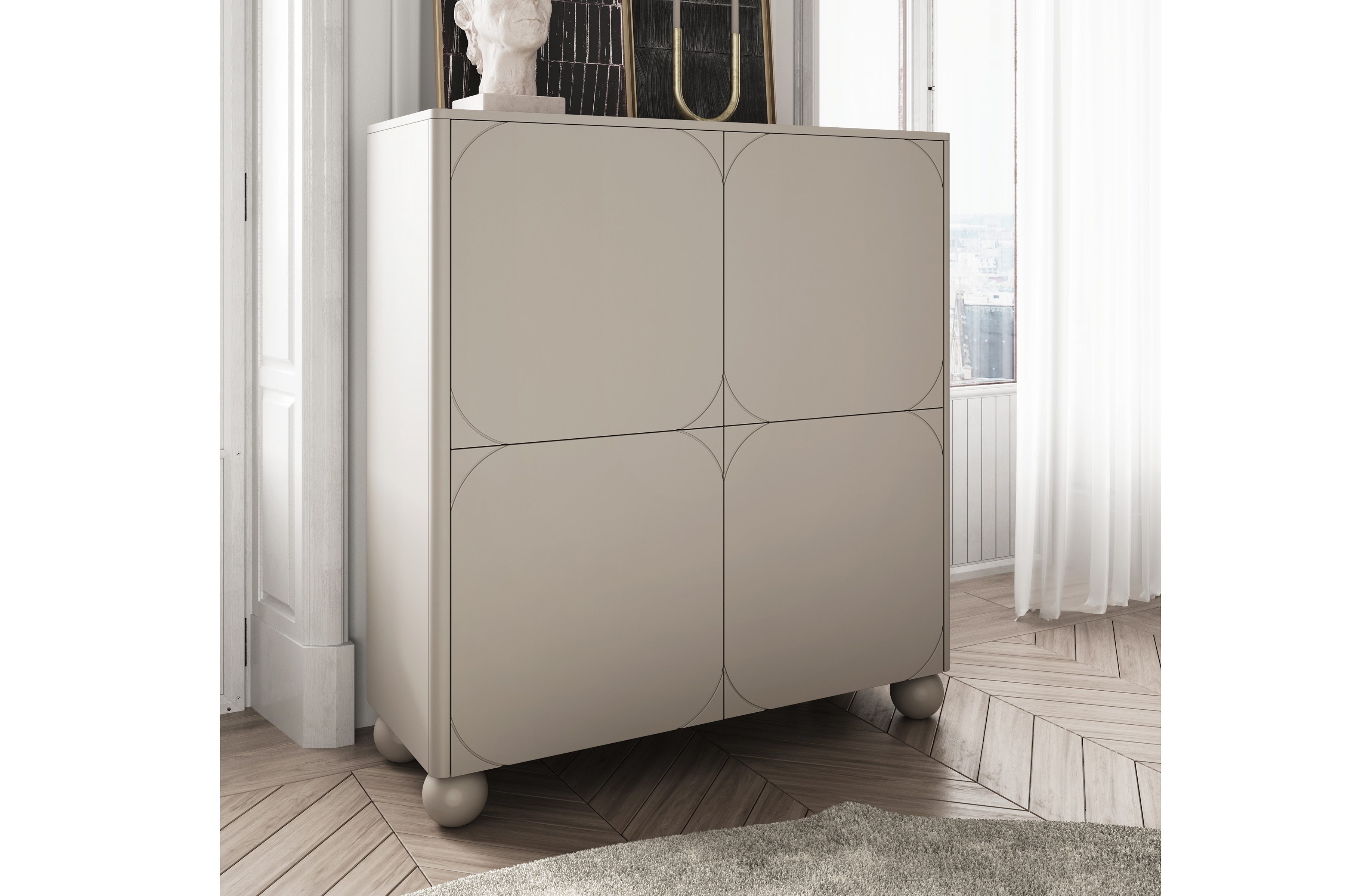 Vysoká komoda Sonatia II 120 cm s dvomi skrytými zásuvkami – kašmírová Komoda dvojdverový s dvoma ukrytymi zásuvkami Sonatia II 120 cm - kašmír