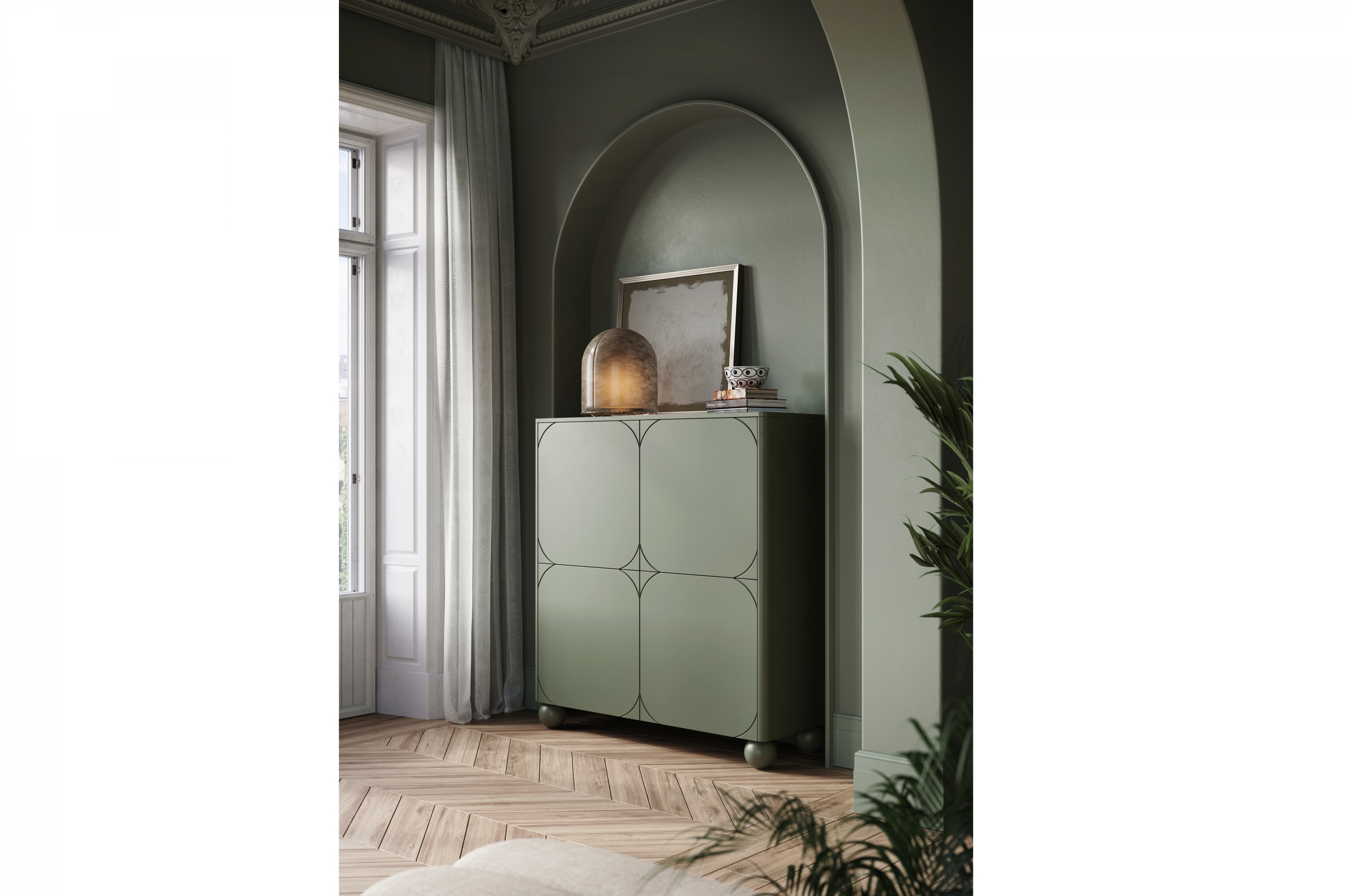 Vysoká komoda Sonatia II 120 cm dvojdverová s dvoma skrytými zásuvkami – olivová Komoda do izby