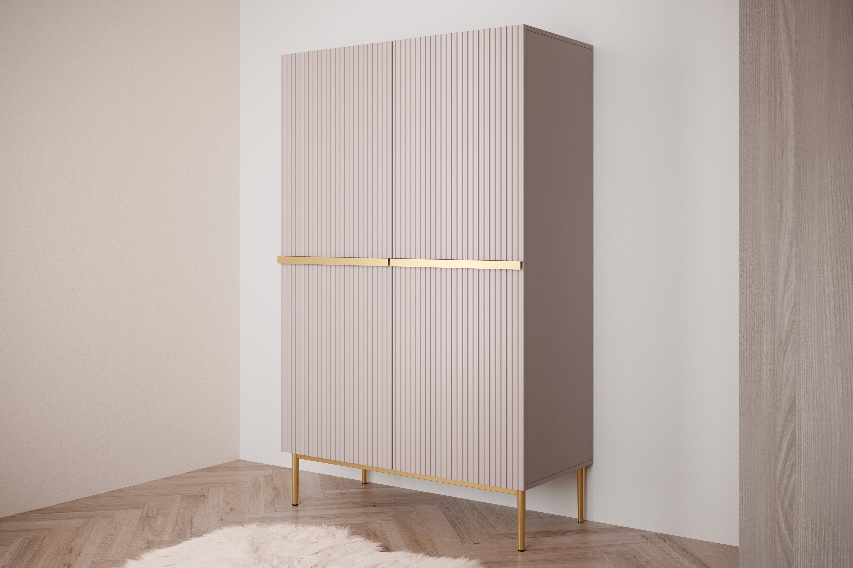 Vysoká komoda Nicole 100 cm - starorůžová / zlaté kovové nožky a úchyty Kredenc Nicole 100 cm z metalowymi uchwytami i nogami - antický Růžová / zlote nozki