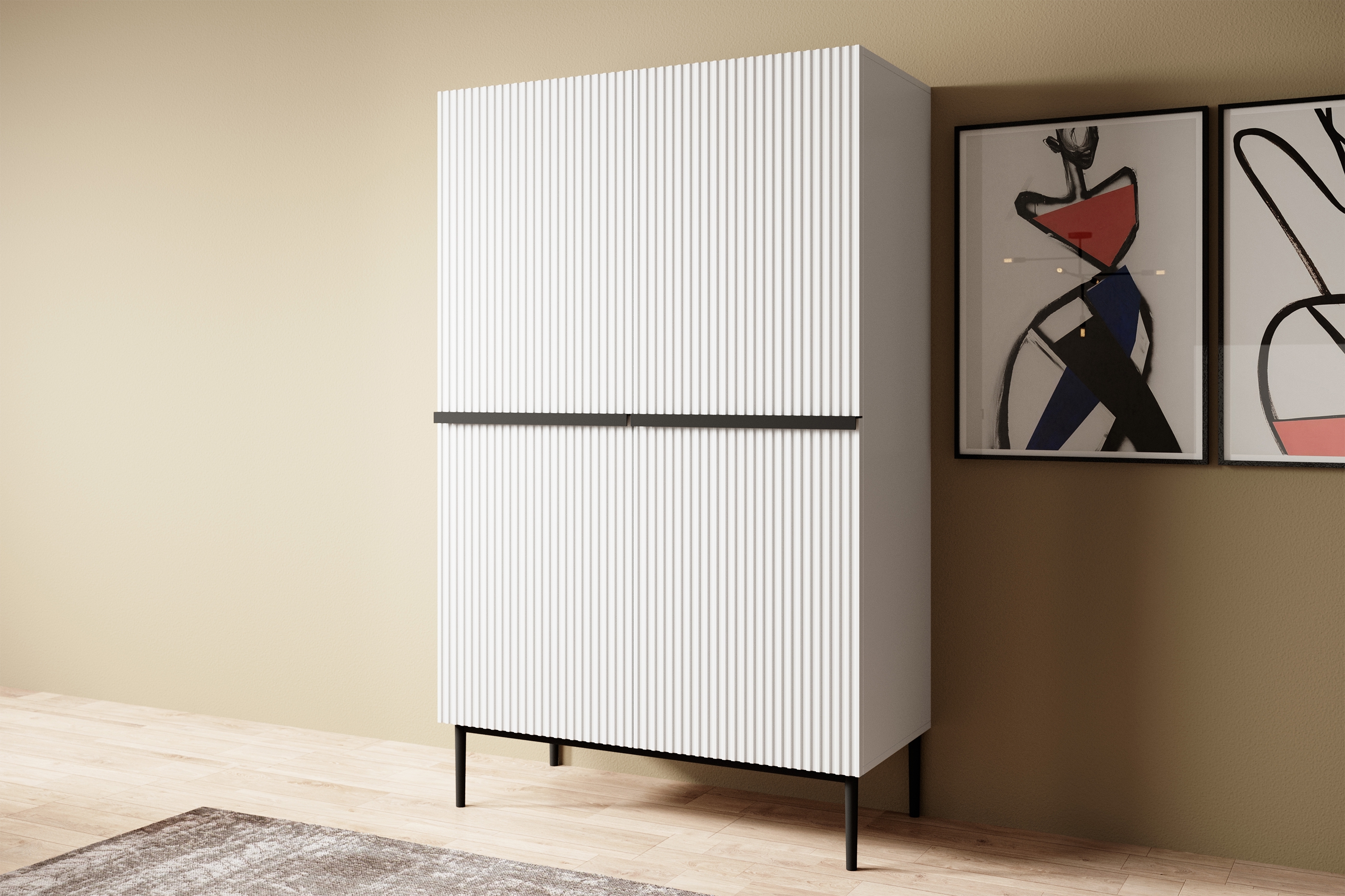 Vysoká komoda Nicole 100 cm s kovovými úchyty - bílý mat / černé nožky Kredenc Nicole z metalowymi uchwytami i nogami 100 cm - bílý mat / černá nozki