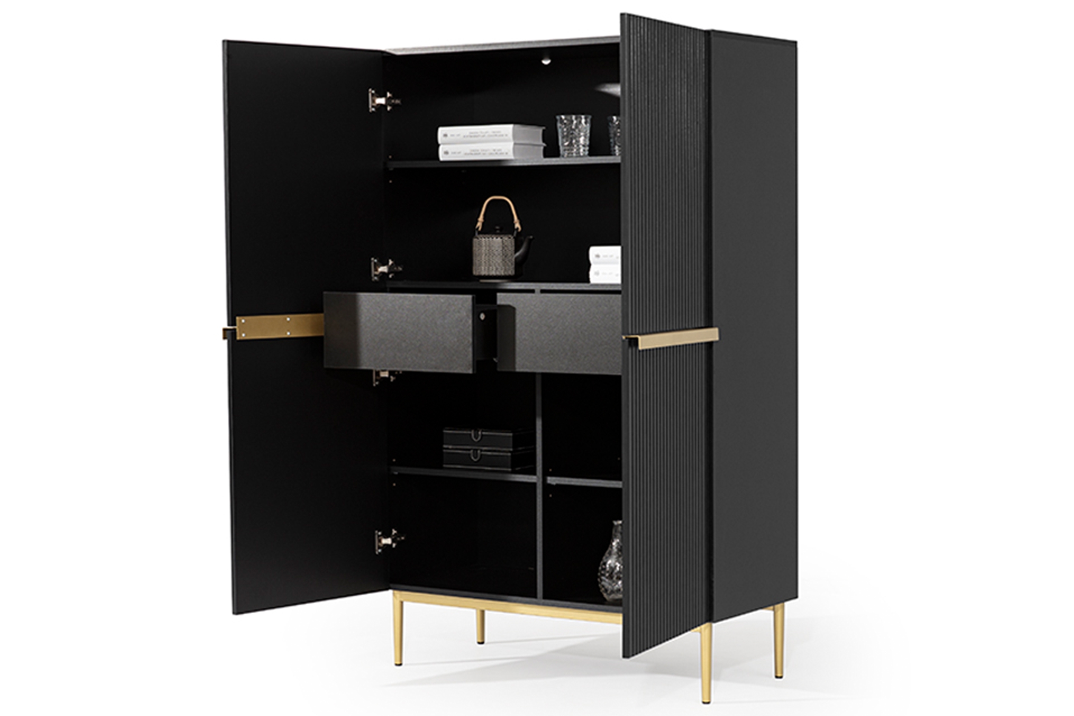 Vysoká komoda Nicole 100 cm - černý mat / zlaté nožky Kredenc Nicole z metalowymi uchwytami i nogami 100 cm - černá mat / zlote nozki
