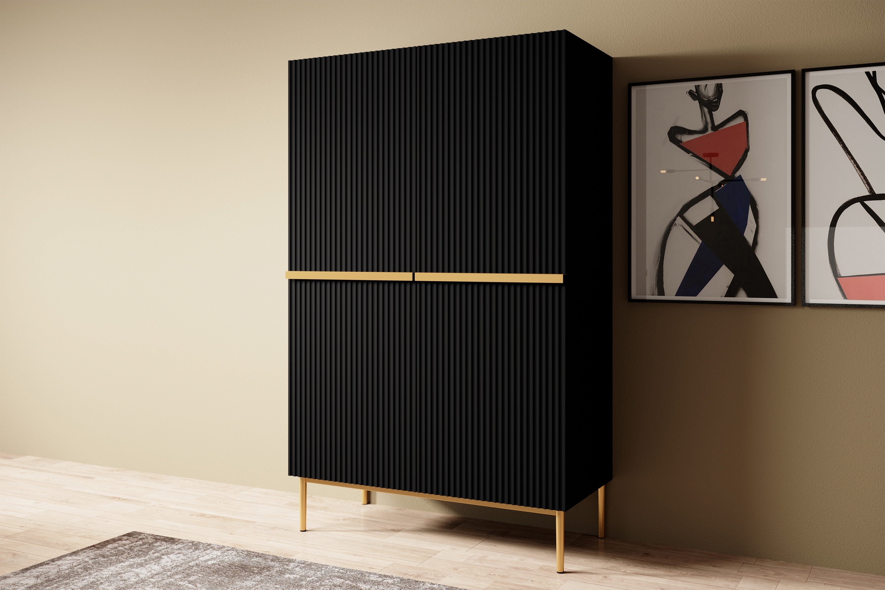 Vysoká komoda Nicole 100 cm - černý mat / zlaté nožky Kredenc Nicole z metalowymi uchwytami i nogami 100 cm - černá mat / zlote nozki