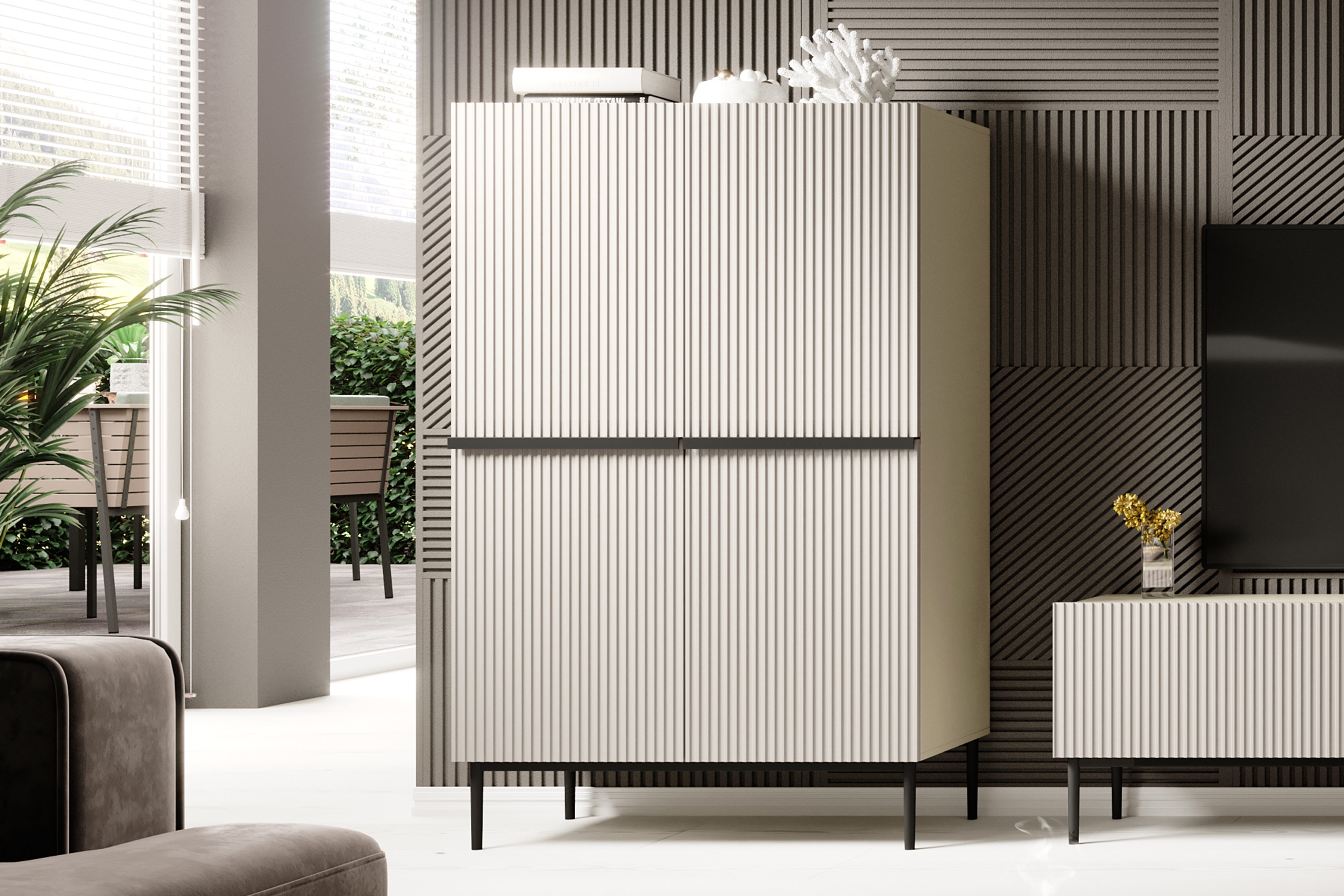 Vysoká komoda Nicole 100 cm - kašmír / černé nožky Kredenc Nicole z metalowymi uchwytami i nogami 100 cm - kašmír / černá nozki