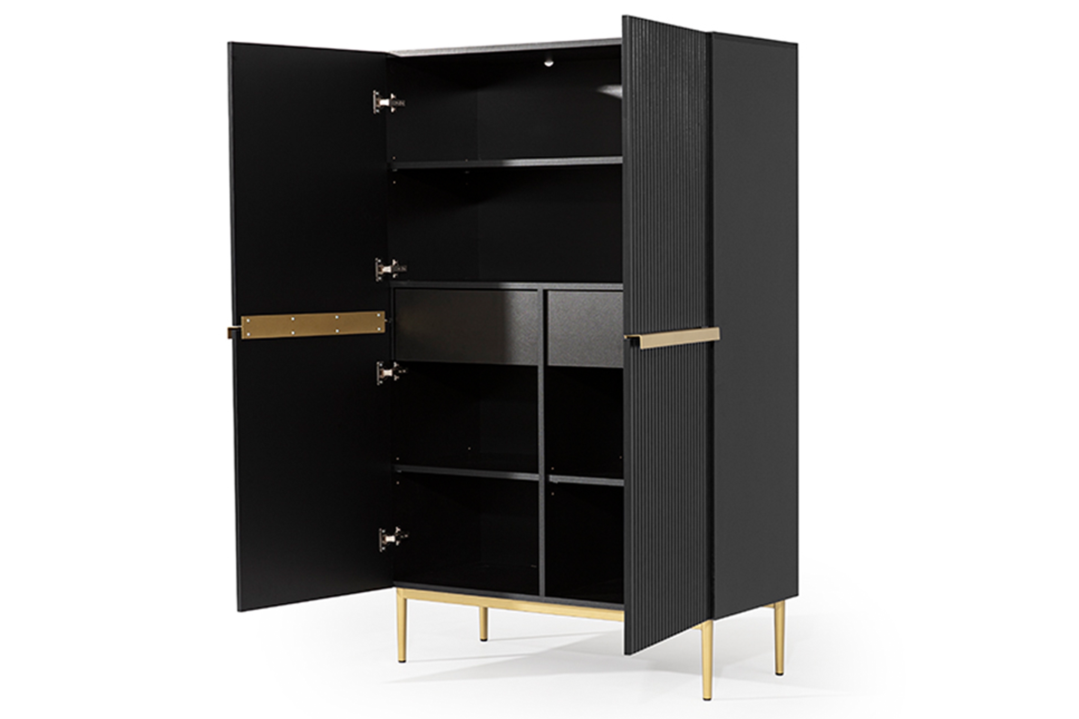 Vysoká komoda Nicole 100 cm - černý mat / zlaté nožky Kredenc Nicole z metalowymi uchwytami i nogami 100 cm - černá mat / zlote nozki