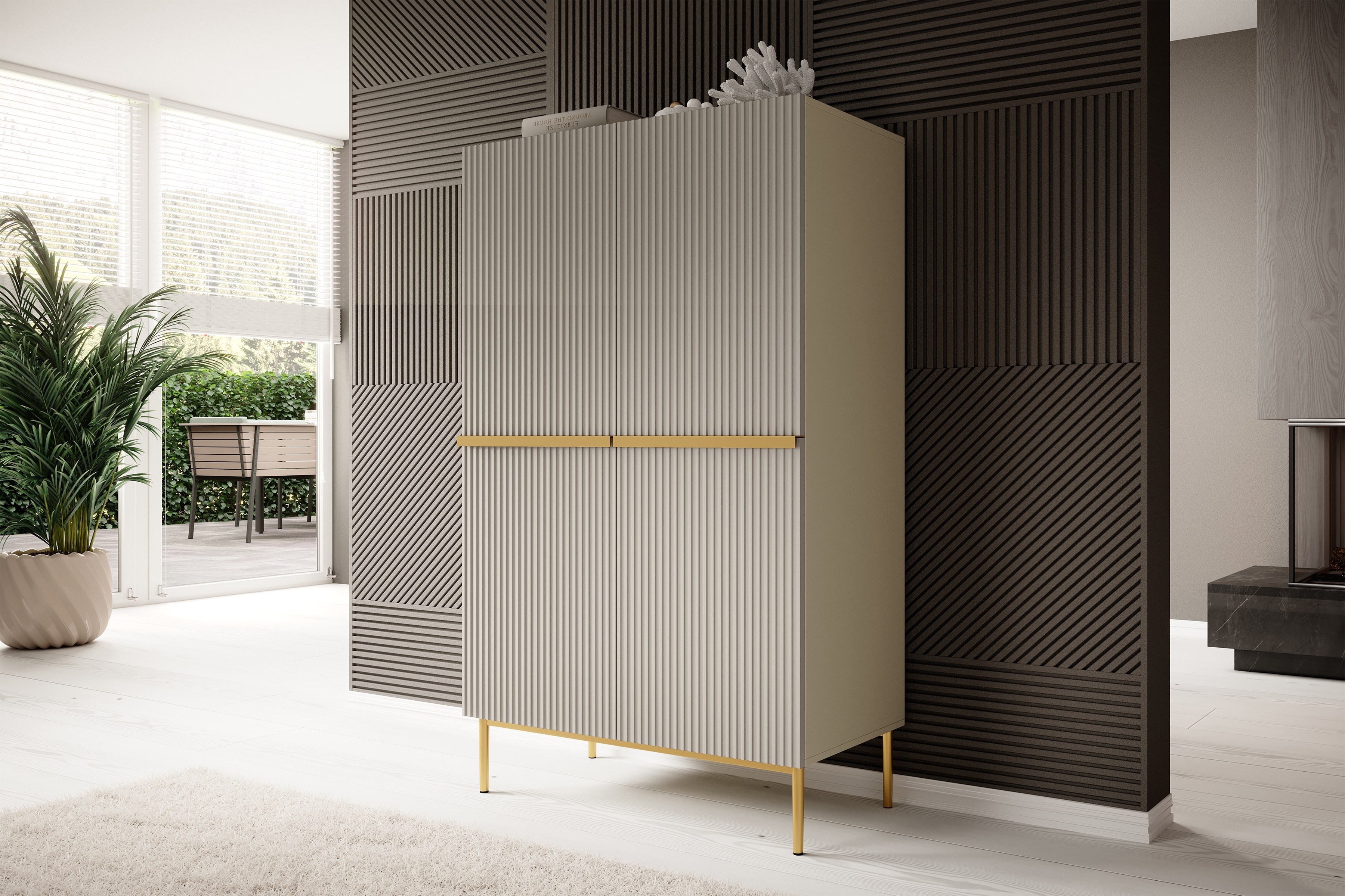 Vysoká komoda Nicole 100 cm - kašmír / zlaté nožky Kredenc Nicole z metalowymi uchwytami i nogami 100 cm - kašmír / zlote nozki