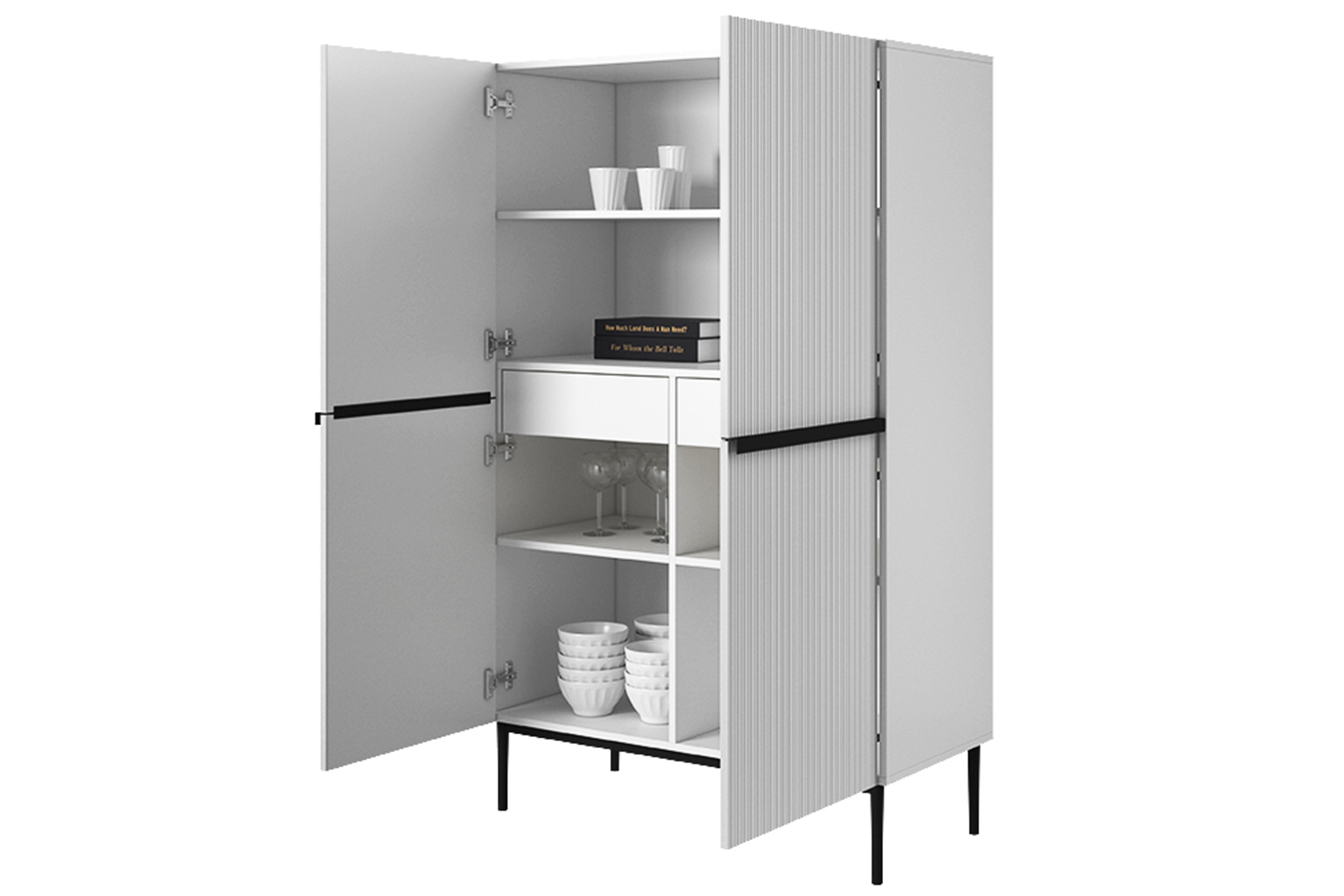 Vysoká komoda Nicole 100 cm s kovovými úchyty - bílý mat / černé nožky Kredenc Nicole z metalowymi uchwytami i nogami 100 cm - bílý mat / černá nozki