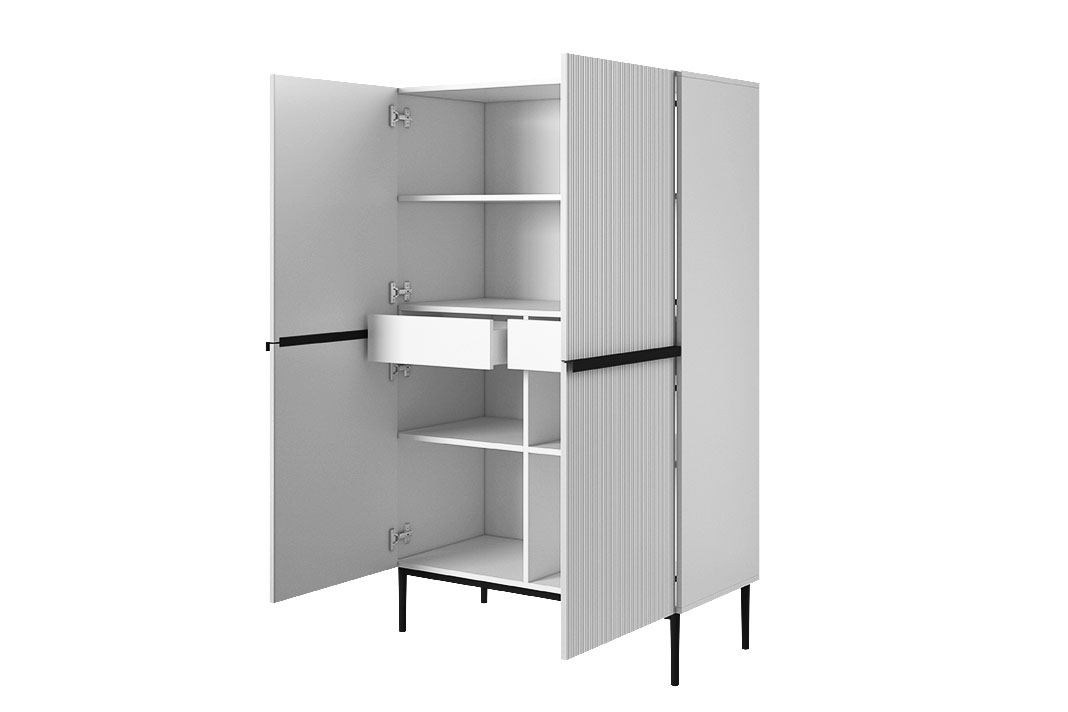 Vysoká komoda Nicole 100 cm s kovovými úchyty - bílý mat / černé nožky Kredenc Nicole z metalowymi uchwytami i nogami 100 cm - bílý mat / černá nozki