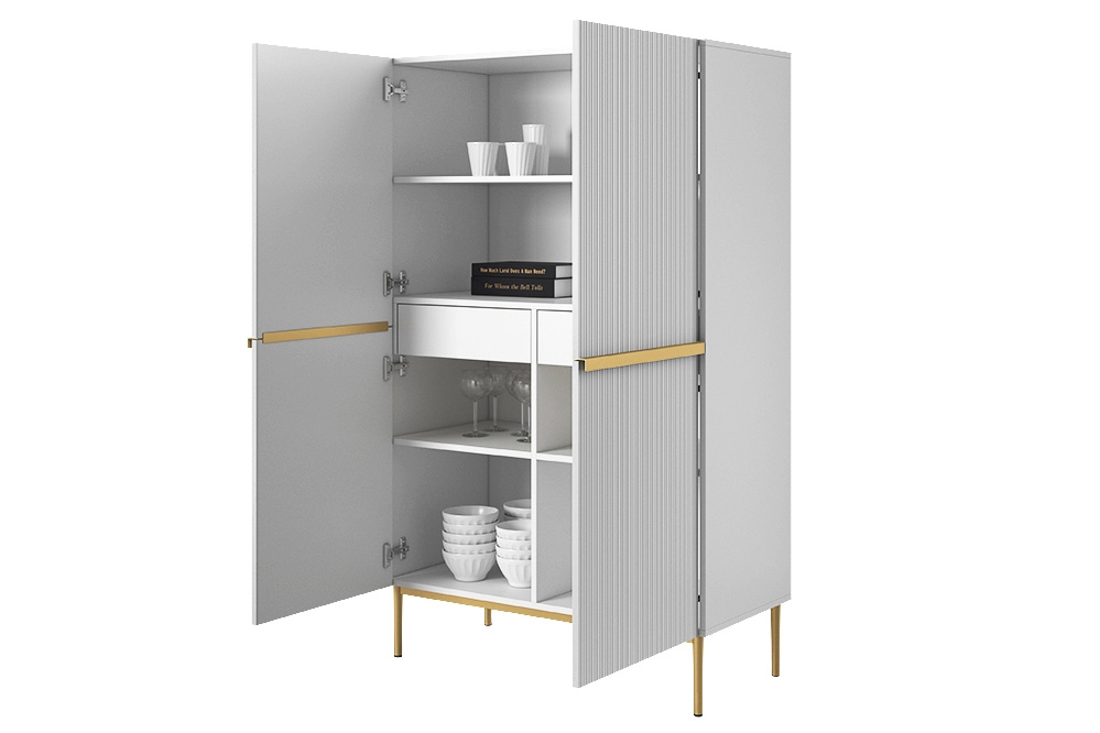 Vysoká komoda Nicole 100 cm - biely mat / zlaté nožičky Komoda Nicole z metalowymi uchwytami i nogami 100 cm - biely mat / zlote nozki