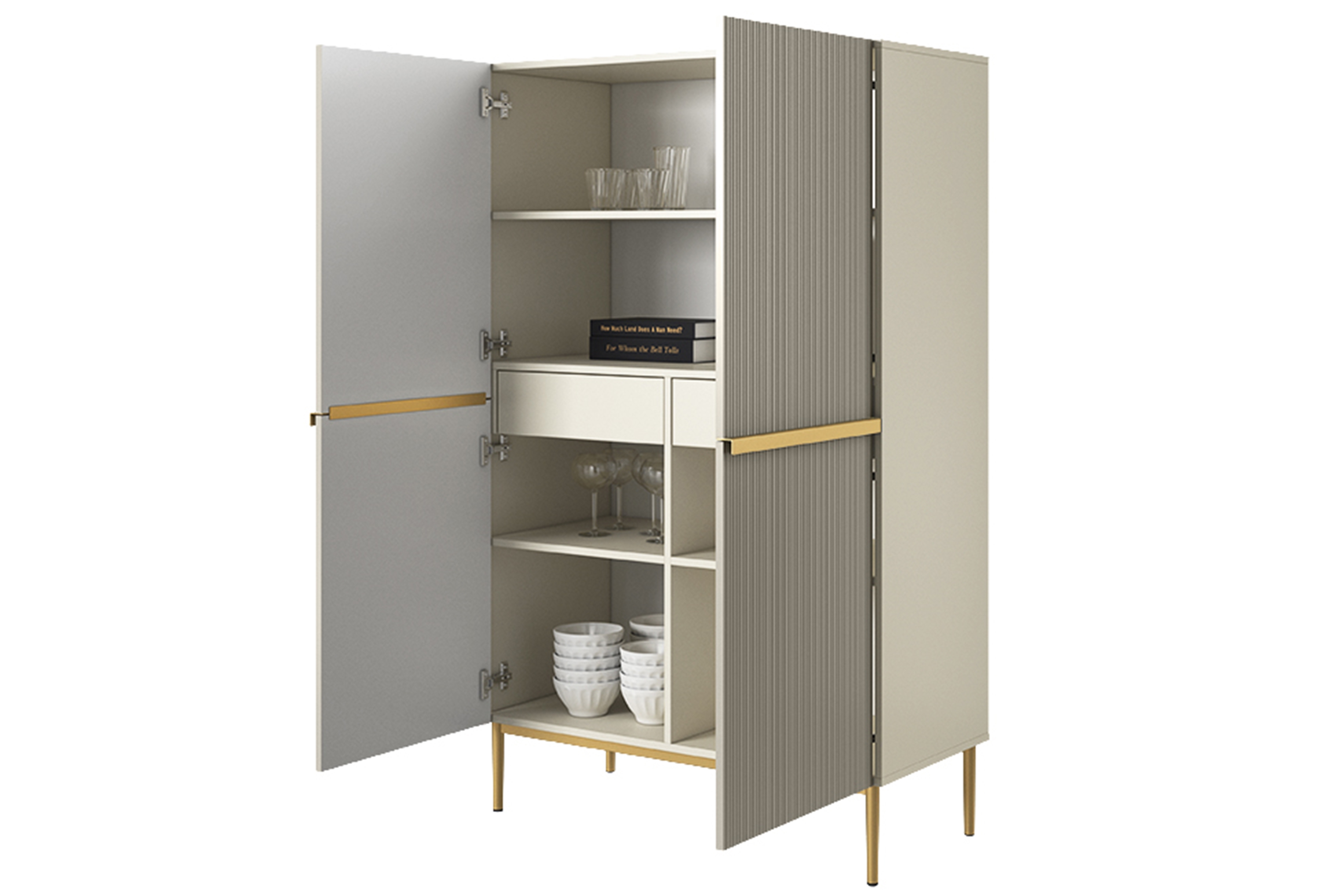 Vysoká komoda Nicole 100 cm - kašmír / zlaté nožky Kredenc Nicole z metalowymi uchwytami i nogami 100 cm - kašmír / zlote nozki