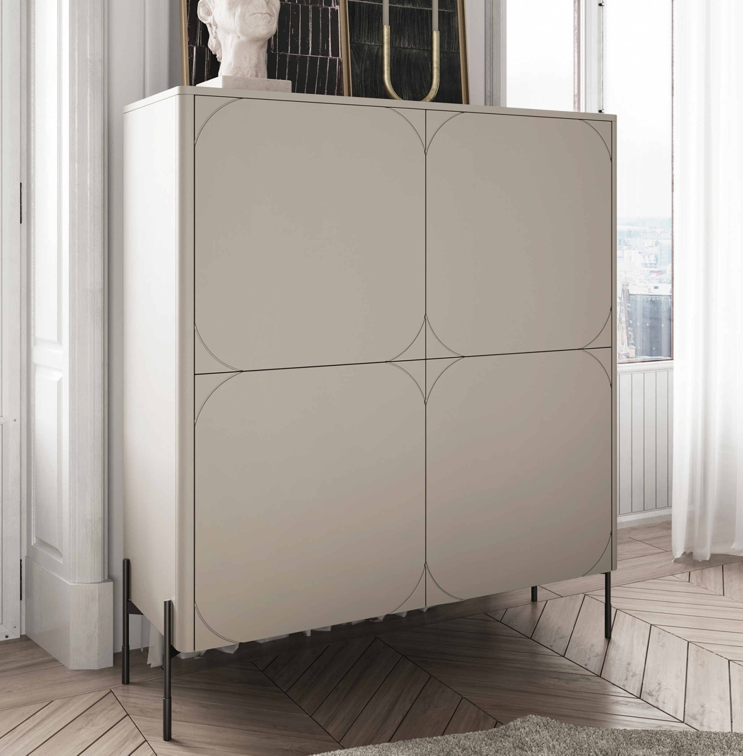 Vysoká komoda Sonatia 120 cm dvojdverová s dvoma skrytými zásuvkami – kašmírová Komoda Sonatia 120 cm dvojdverový s dvoma ukrytymi zásuvkami - kašmír