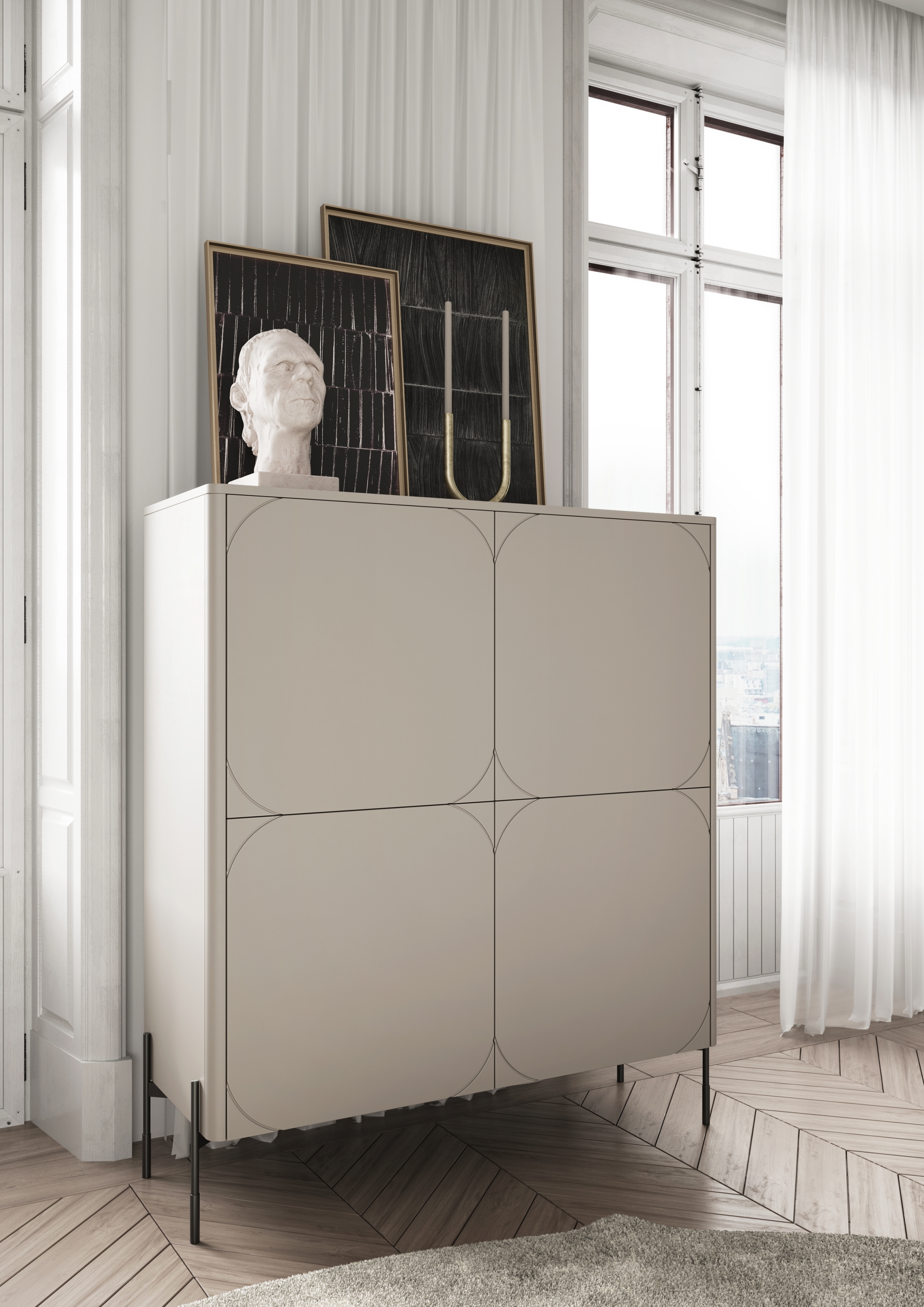 Vysoká komoda Sonatia 120 cm dvojdverová s dvoma skrytými zásuvkami – kašmírová Komoda Sonatia 120 cm dvojdverový s dvoma ukrytymi zásuvkami - kašmír