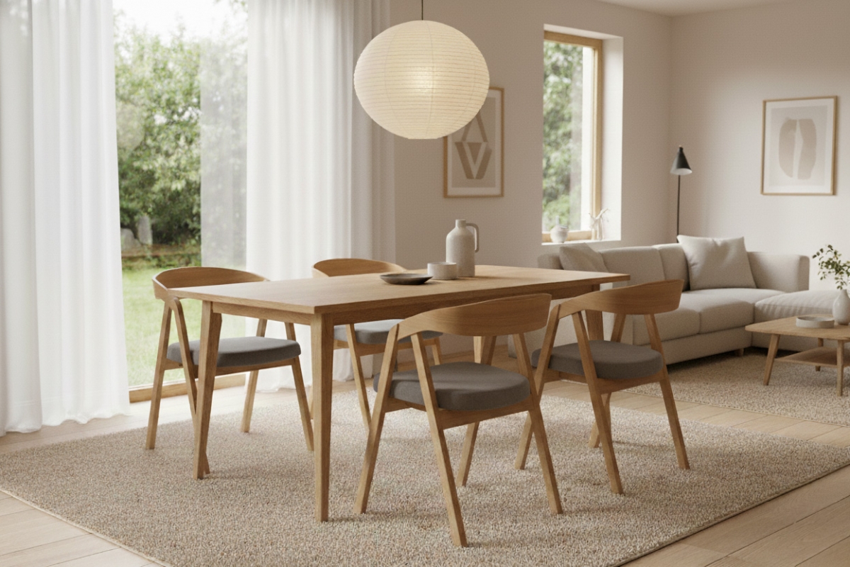 Drevená stolička Elvarin s čalúneným sedadlom - sivý šenil Wind 90 / lakovaný dub Stolička drevená Elvarin z tapicerowanym siedziskiem - šedý šenil Wind 90 / Dub lakierowany